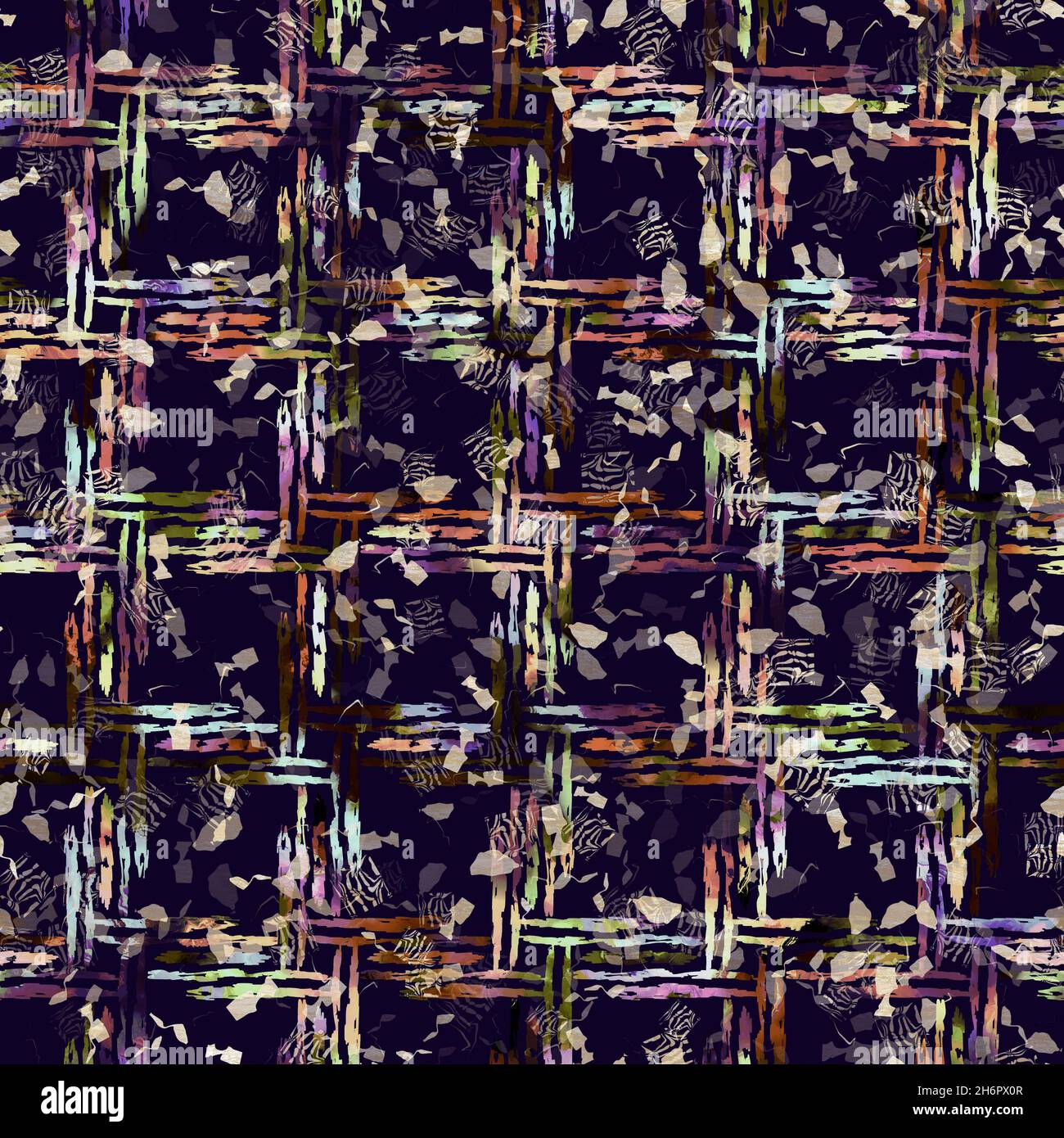 Imprimé camouflage géométrique exotique multicolore de boho.Motif de répétition détaillé pour le sol sombre automnal sans couture. Banque D'Images