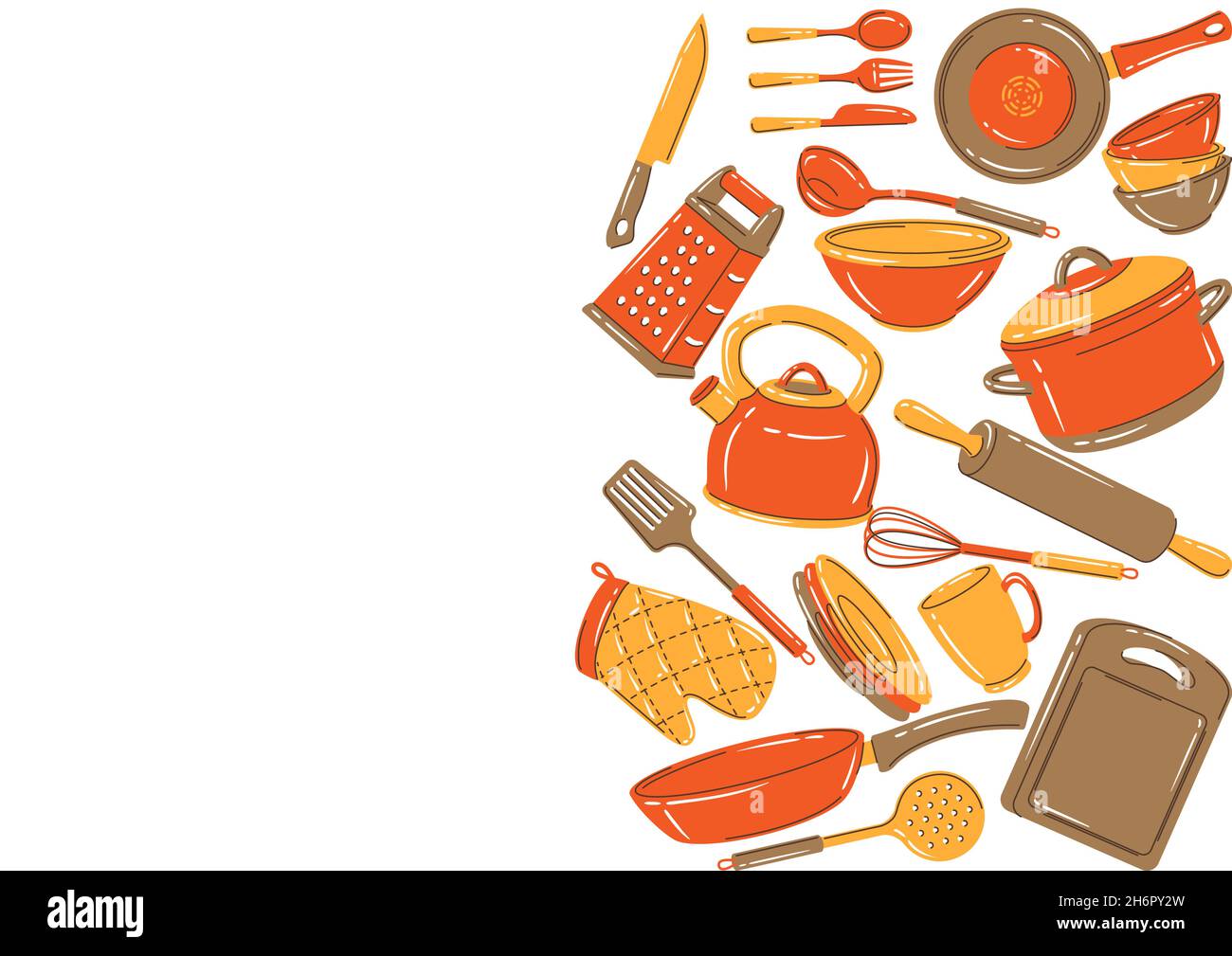 Arrière-plan avec ustensiles de cuisine. Outils de cuisine pour la maison et le restaurant. Illustration de Vecteur