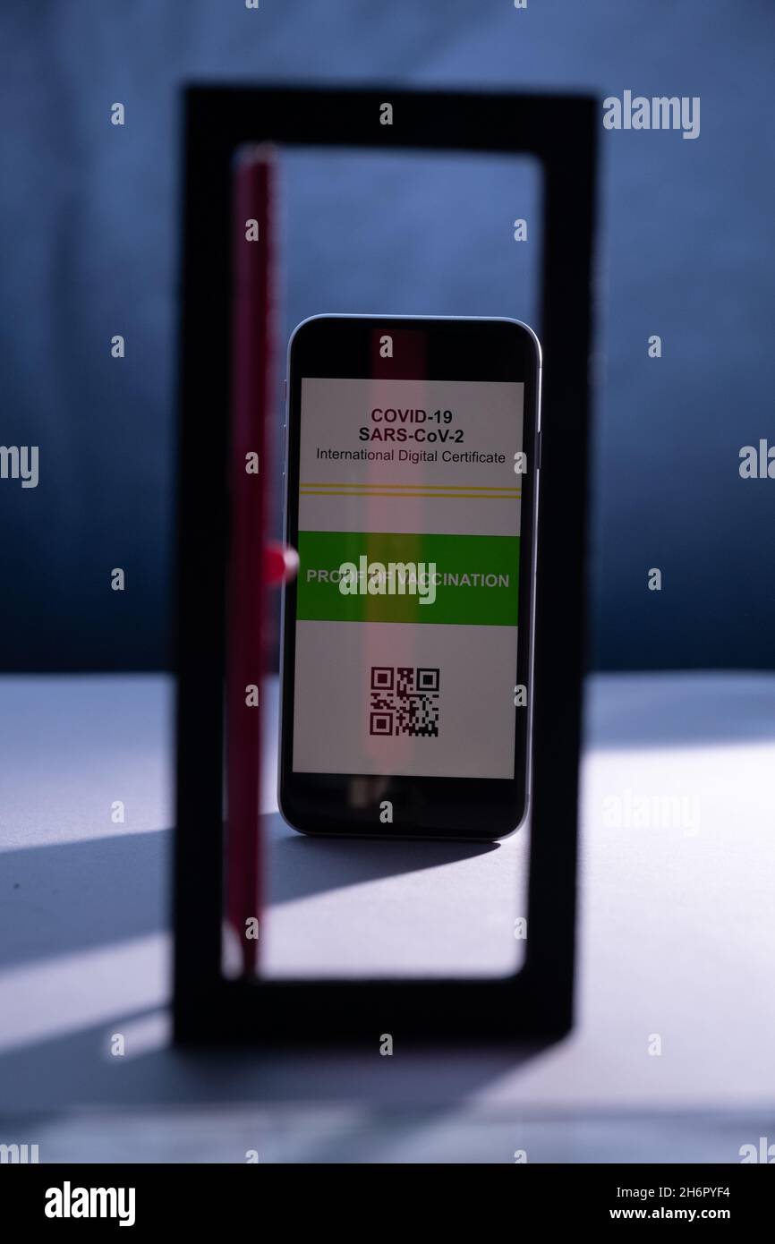 Helsinki / Finlande - 17 NOVEMBRE 2021 : maquette du certificat de vaccination international Covid-19 / passeport sanitaire. Banque D'Images