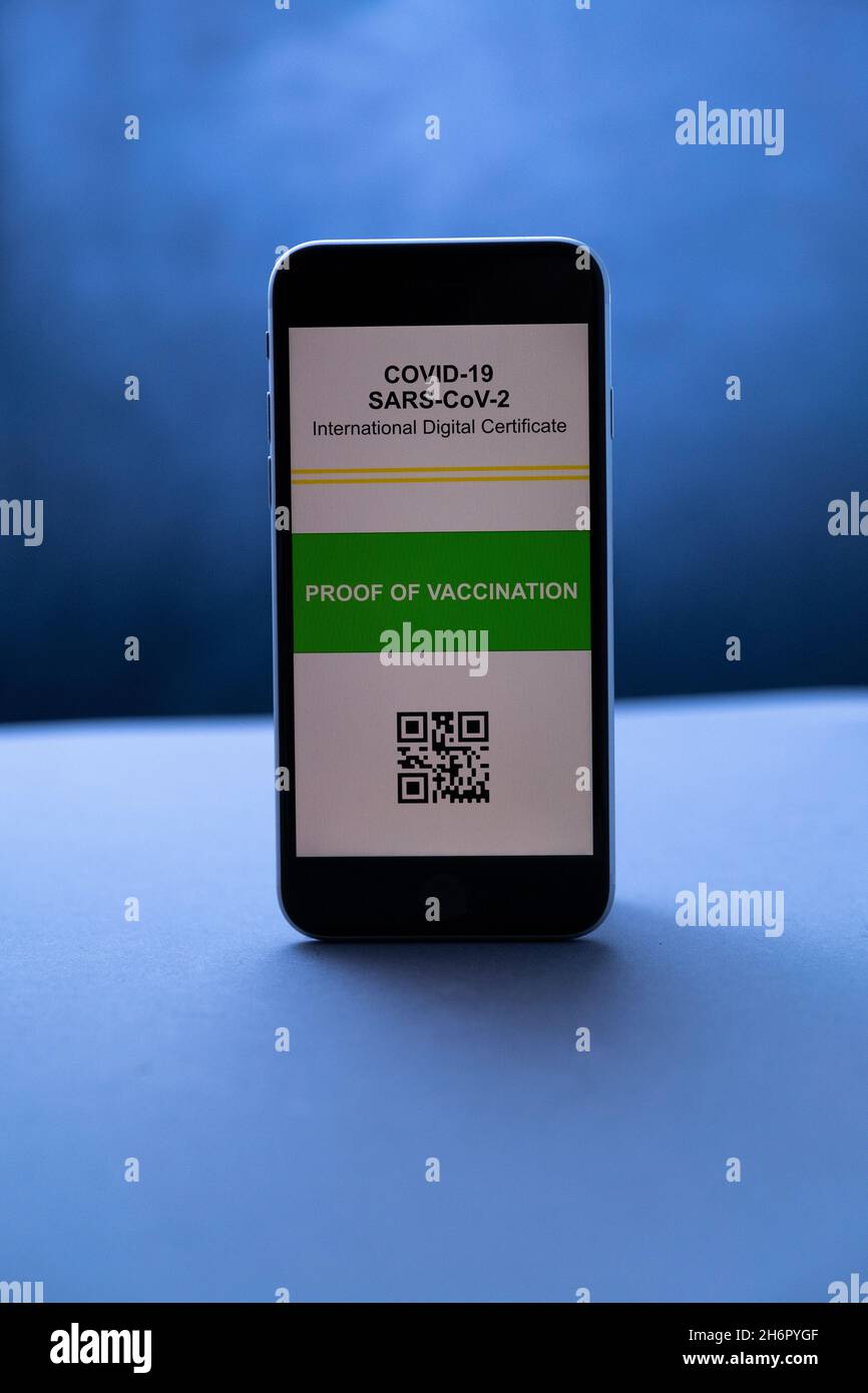 Helsinki / Finlande - 17 NOVEMBRE 2021 : maquette du certificat de vaccination international Covid-19 / passeport sanitaire. Banque D'Images