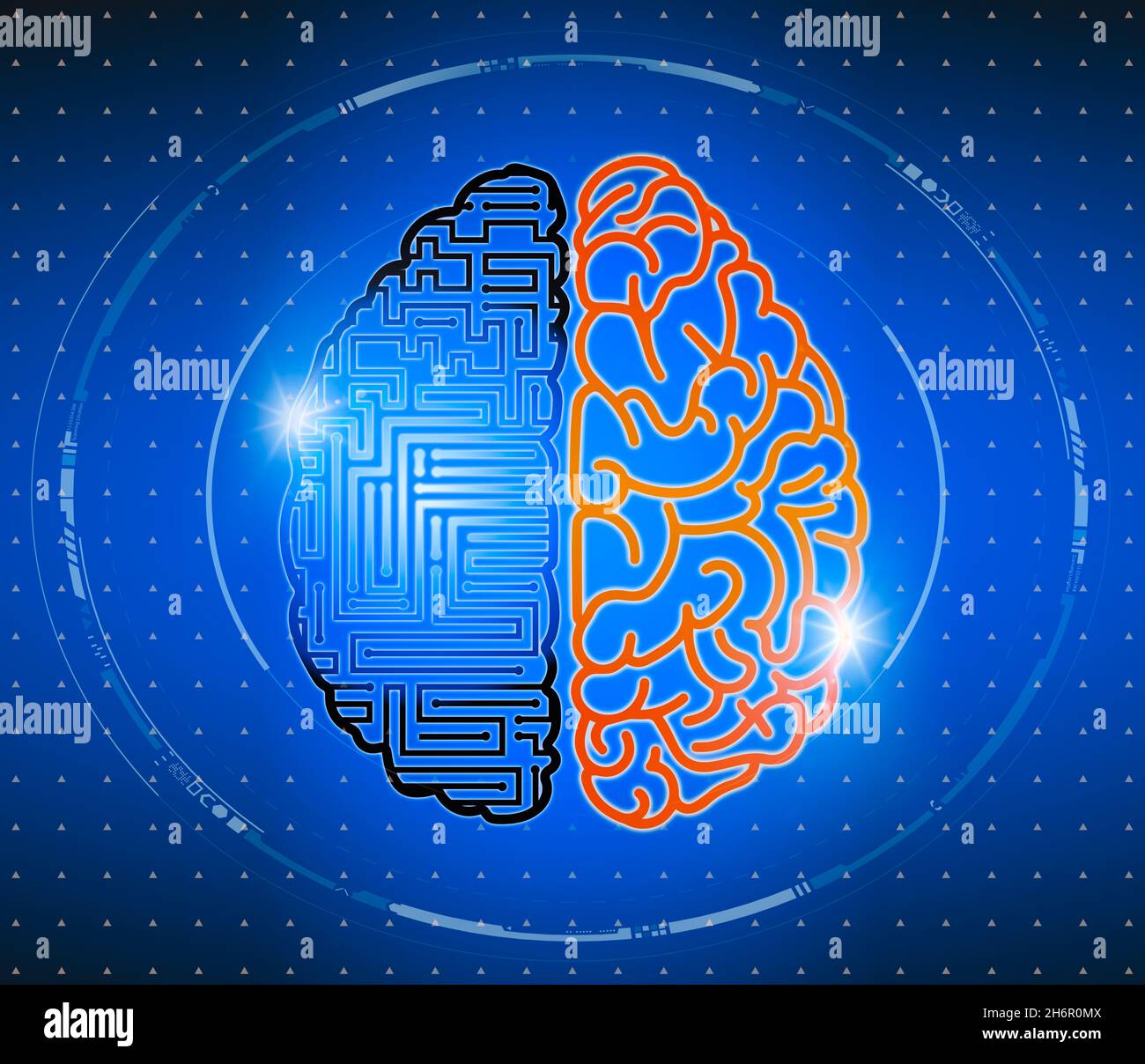 Cerveau humain et mémoire numérique.Cyborg et les différences humaines dans la pensée et les émotions.Intelligence artificielle.Vue de dessus d'un cerveau humain et numérique. Banque D'Images