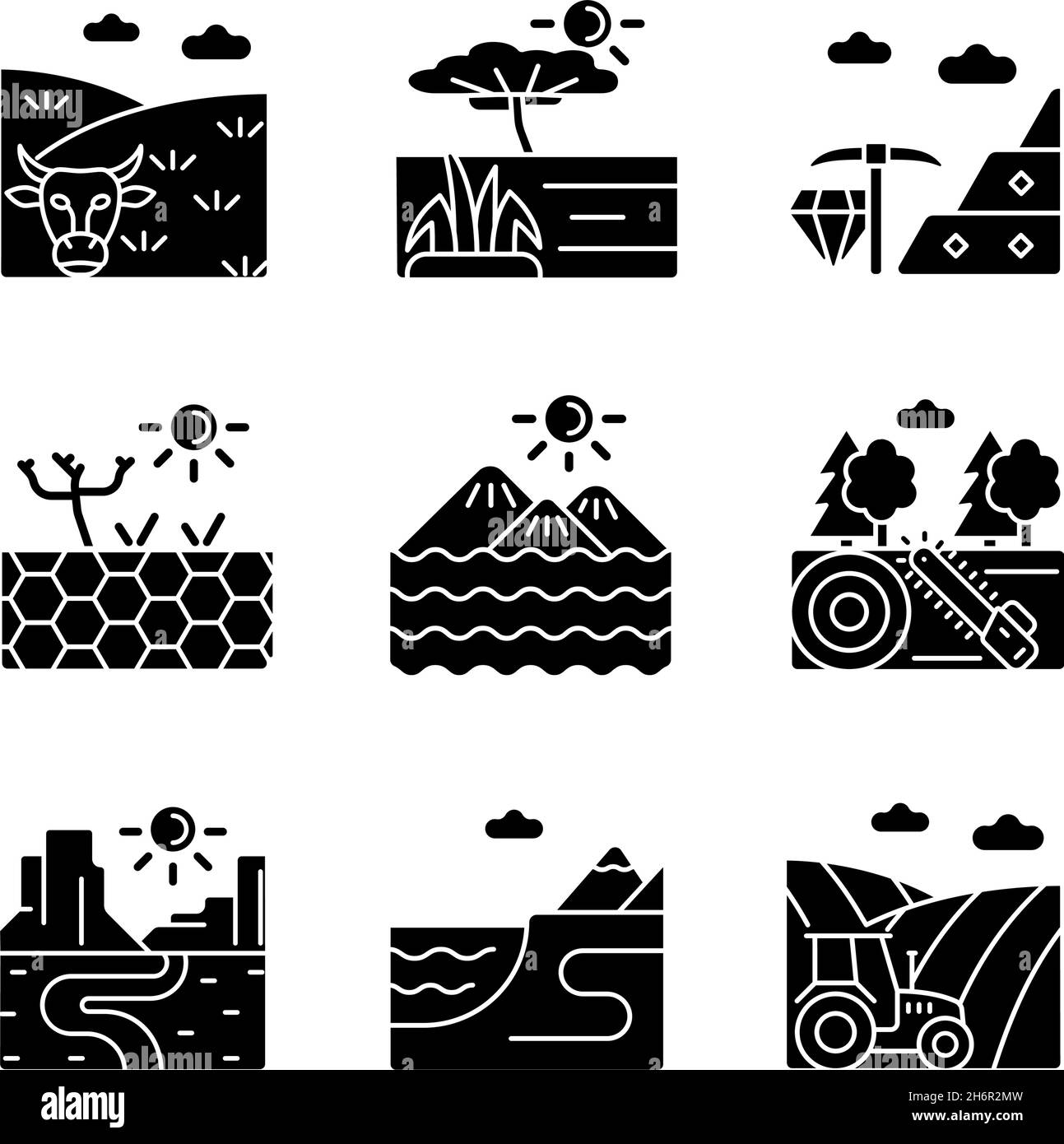Icônes de glyphe noir de terre industrielle définies sur un espace blanc Illustration de Vecteur