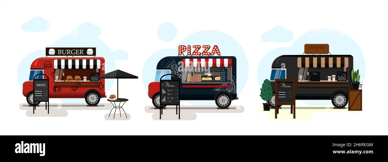 Ensemble de chariots alimentaires Vector avec pizza, café et hamburgers.Illustration vectorielle plate d'un fast-food sur roues avec un auvent rayé et un Illustration de Vecteur
