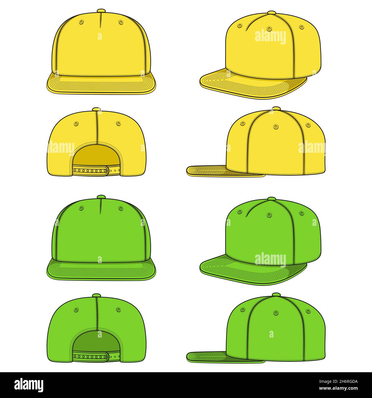 Ensemble d'images en couleur d'un capuchon de rappeur avec visière plate, à vivaneau.Objets vectoriels isolés sur fond blanc. Illustration de Vecteur