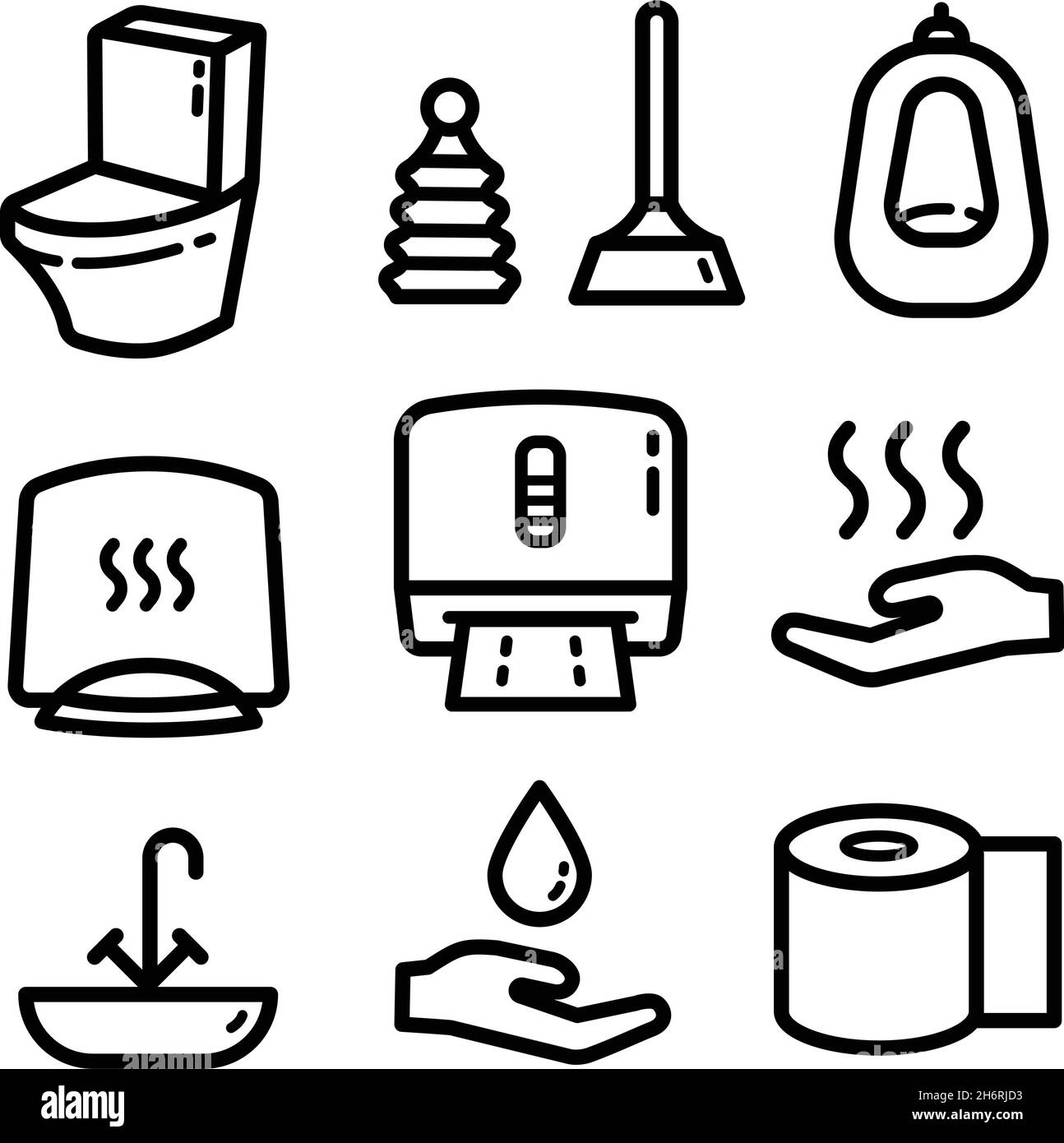 Ensemble d'icônes sanitaires telles que toilettes, serviette, plongeur, toilettes, urinoir,Papier toilette etc. Illustration vectorielle isolée sur fond blanc. Illustration de Vecteur