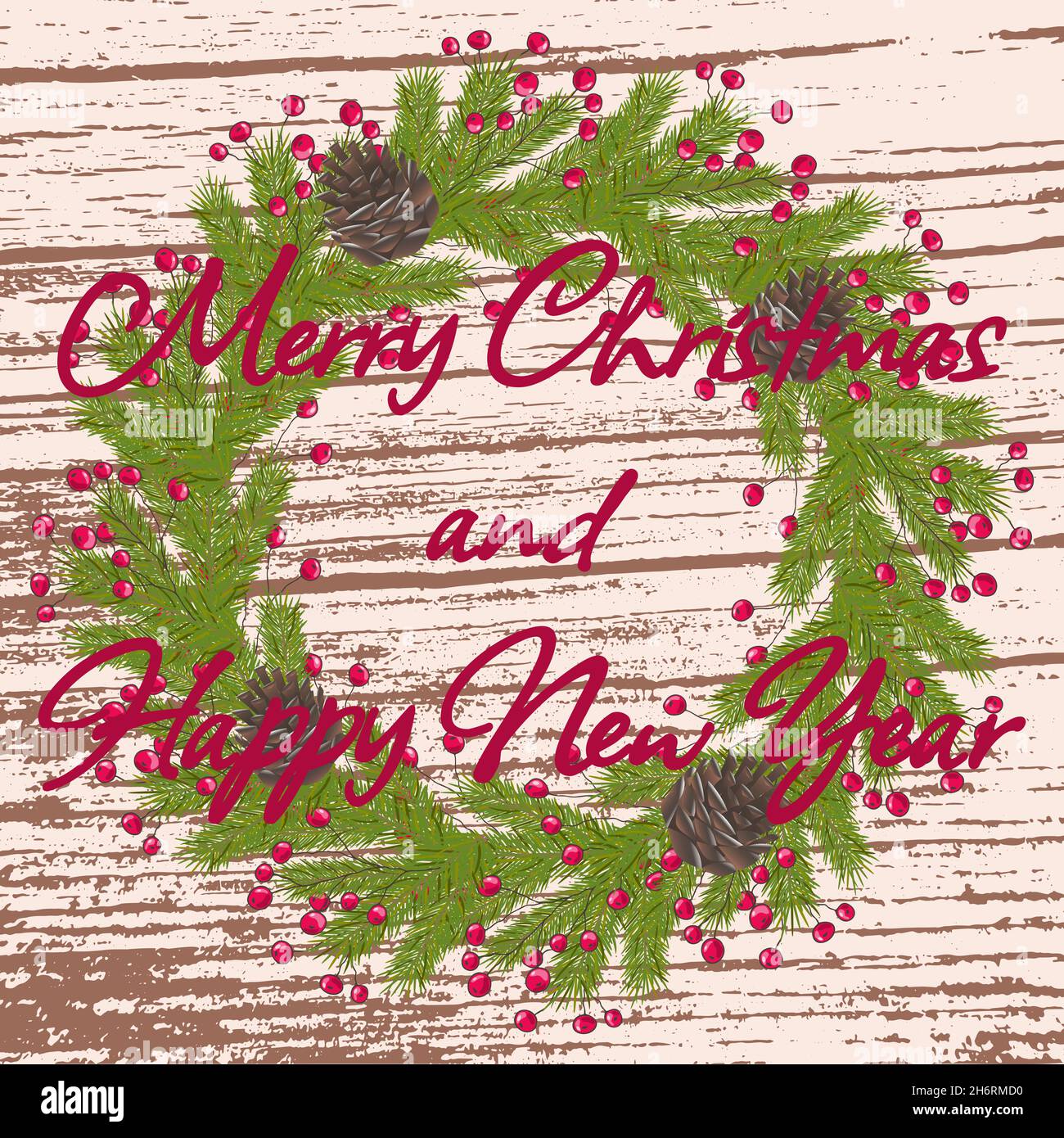 Couronne de Noël à feuilles persistantes et baies de houx rouges sur fond de bois.Illustration vectorielle Noël et nouvel an.Fond festif avec texte Illustration de Vecteur