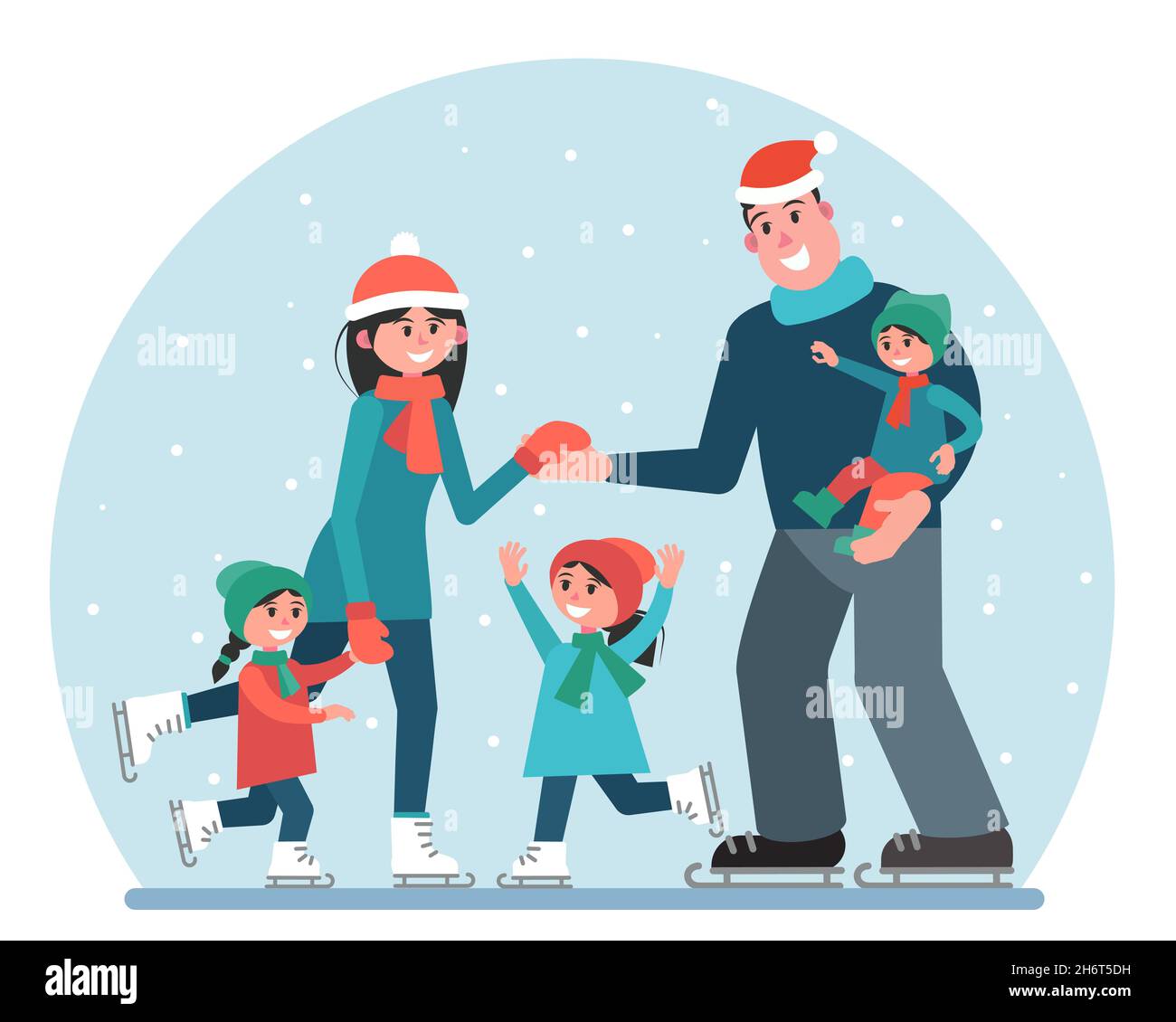 Grande famille à la patinoire.Parents et enfants patinage sur glace dans la neige.Loisirs.Illustration vectorielle dans un style plat. Illustration de Vecteur