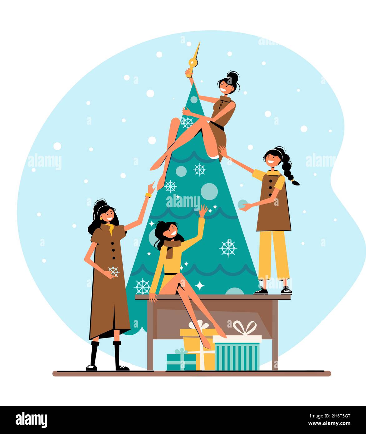 De jolies filles décorent l'arbre de Noël.Illustration vectorielle amusante.Personnes et personnages. Illustration de Vecteur