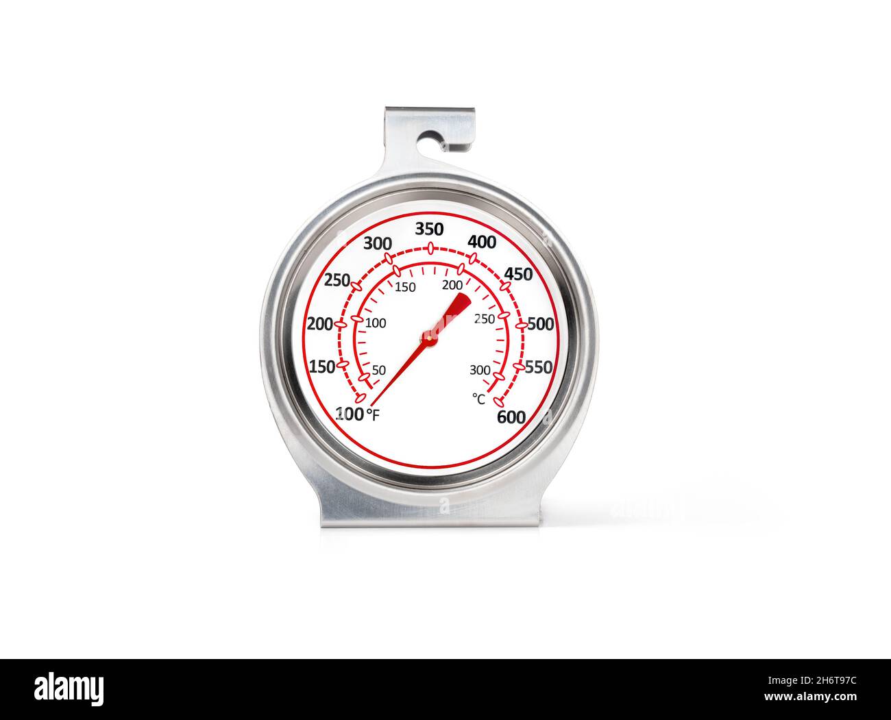 Thermomètre pour four avec cadran analogique et flèche rouge.Cuisine gadget de cuisine pour mesurer ou tester la précision des températures élevées en Fahrenheit et en Celsiu Banque D'Images