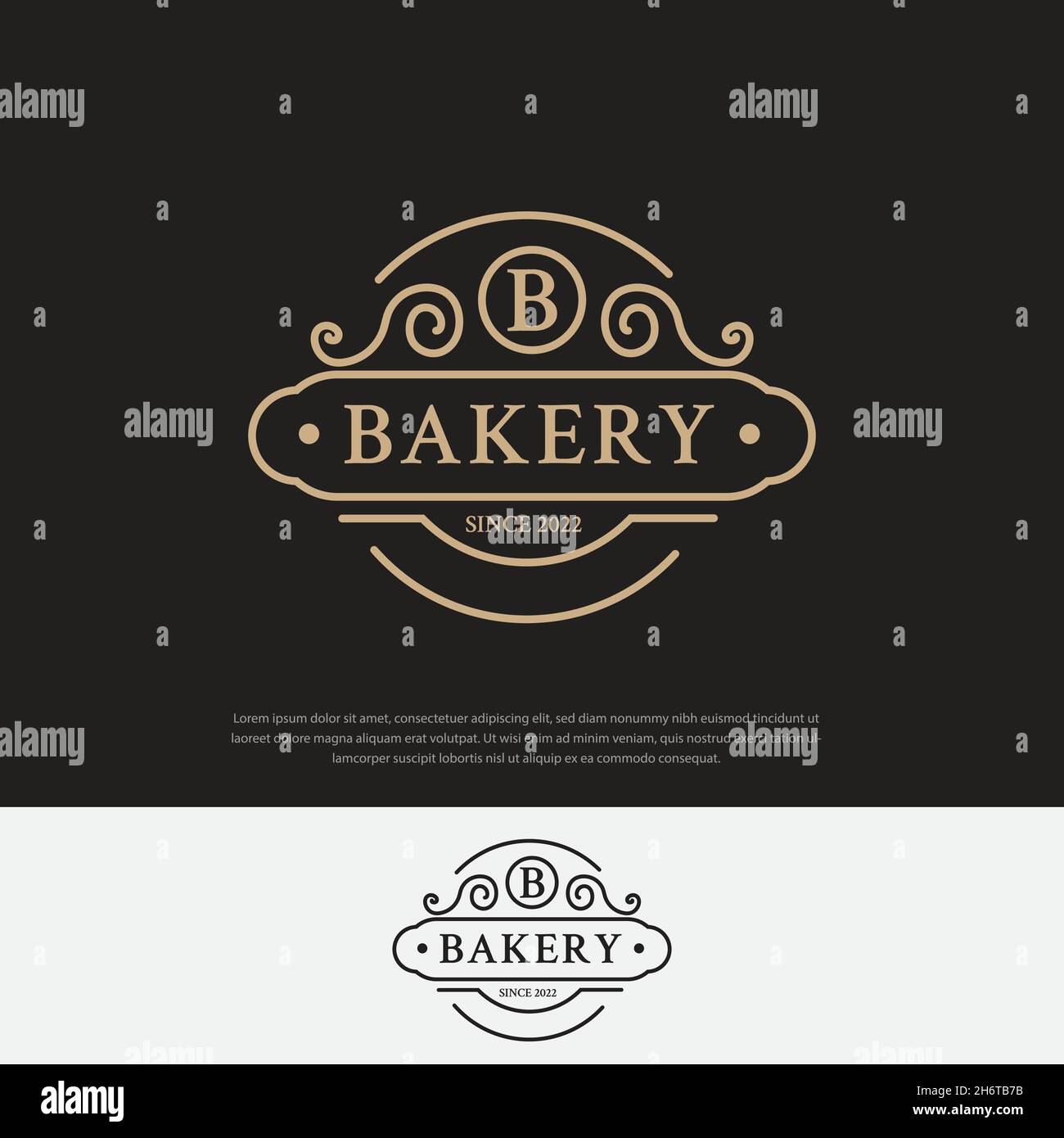 Logo de boulangerie sur fond sombre, emblèmes de pain et de gâteau Illustration de Vecteur