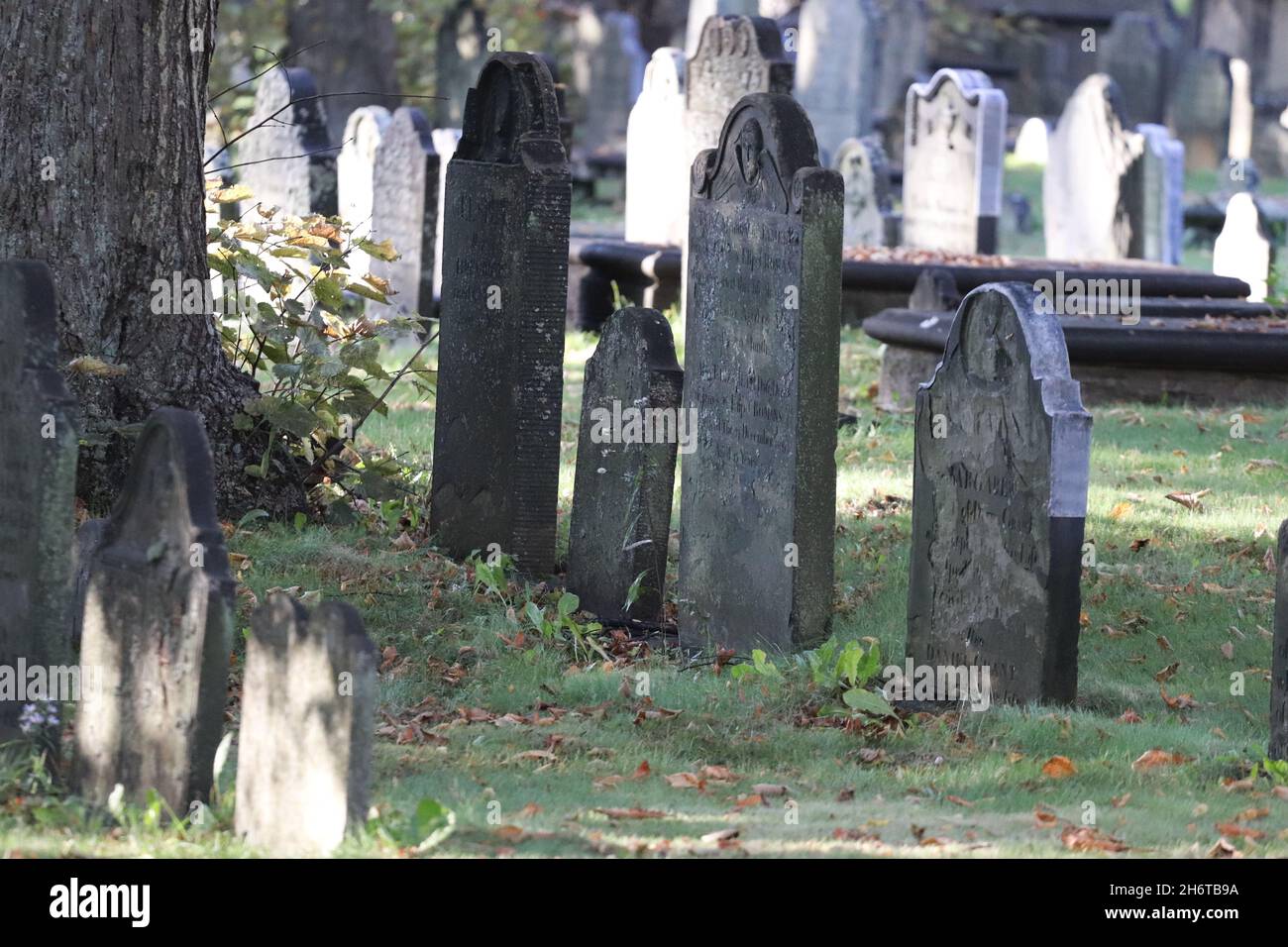 Vue extérieure sur les vieilles pierres tombales dans un cimetière de Halifax, en Allemagne Banque D'Images