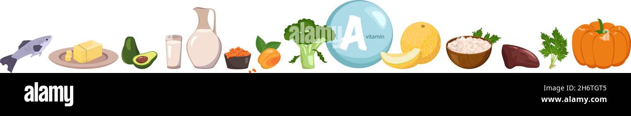 Source de vitamine A. Collection de légumes, de fruits et d'herbes.Alimentation.Un mode de vie sain.La composition des produits.Illustration vectorielle Illustration de Vecteur