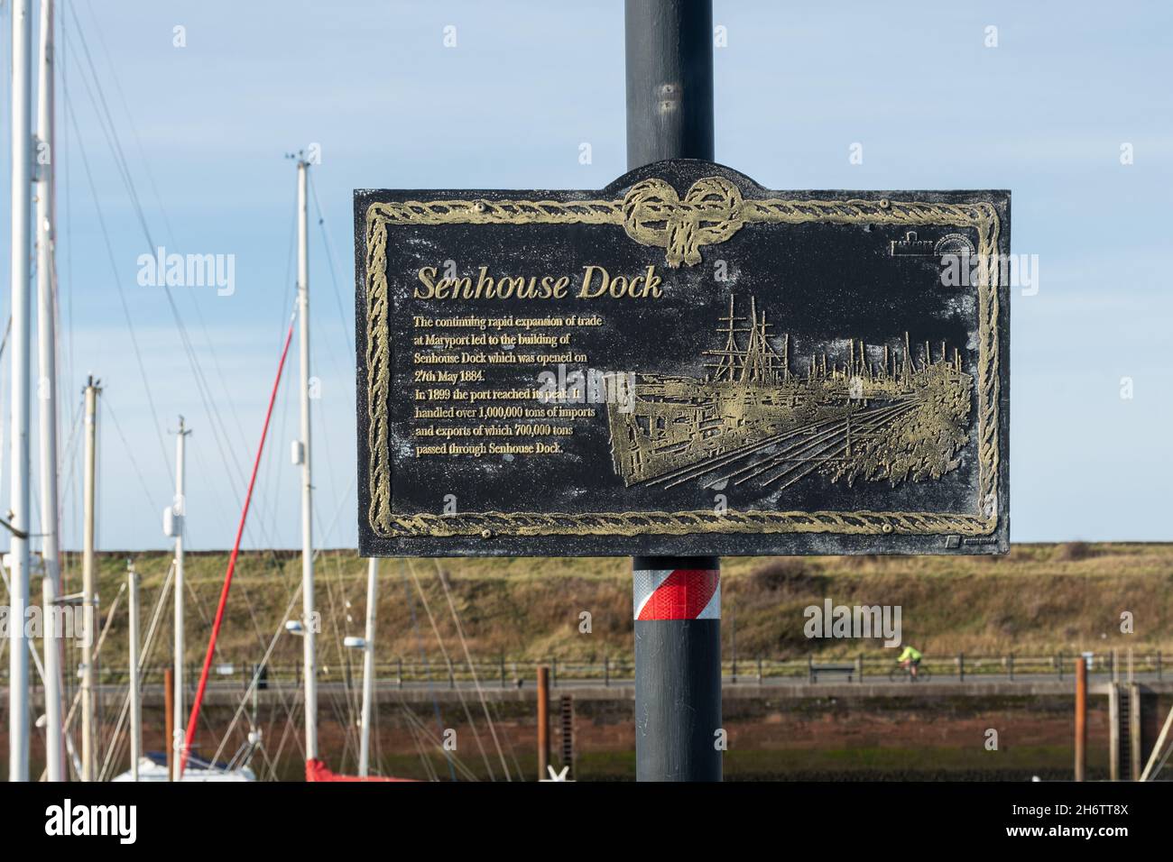 Panneau de Senhouse Dock ou panneau d'information donnant l'histoire du port à Maryport, Cumbria, Angleterre, Royaume-Uni Banque D'Images