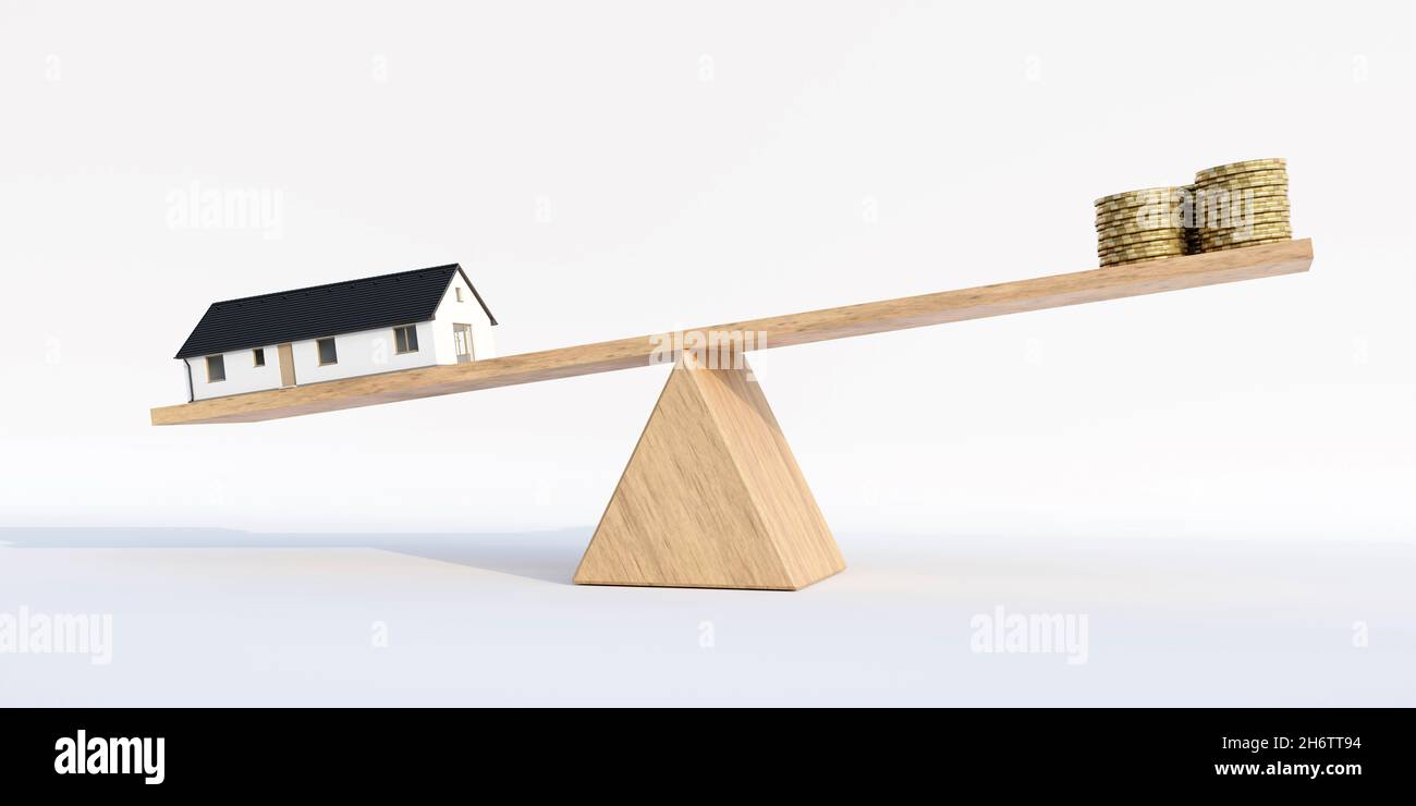 Équilibre de maison contre argent sur une échelle en bois, concept d'épargne pour une maison. Banque D'Images