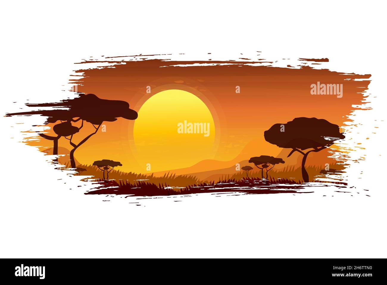 Paysage africain, coucher de soleil à Savannah dans le style de dessin animé.Soirée avec silhouette d'arbres de jungle et de montagnes à l'horizon.Illustration vectorielle Illustration de Vecteur