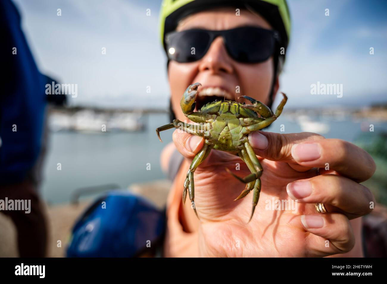 Une touriste aime tenir un crabe vert dans sa main dans le port d'Alvor, Algarve, Portugal Banque D'Images