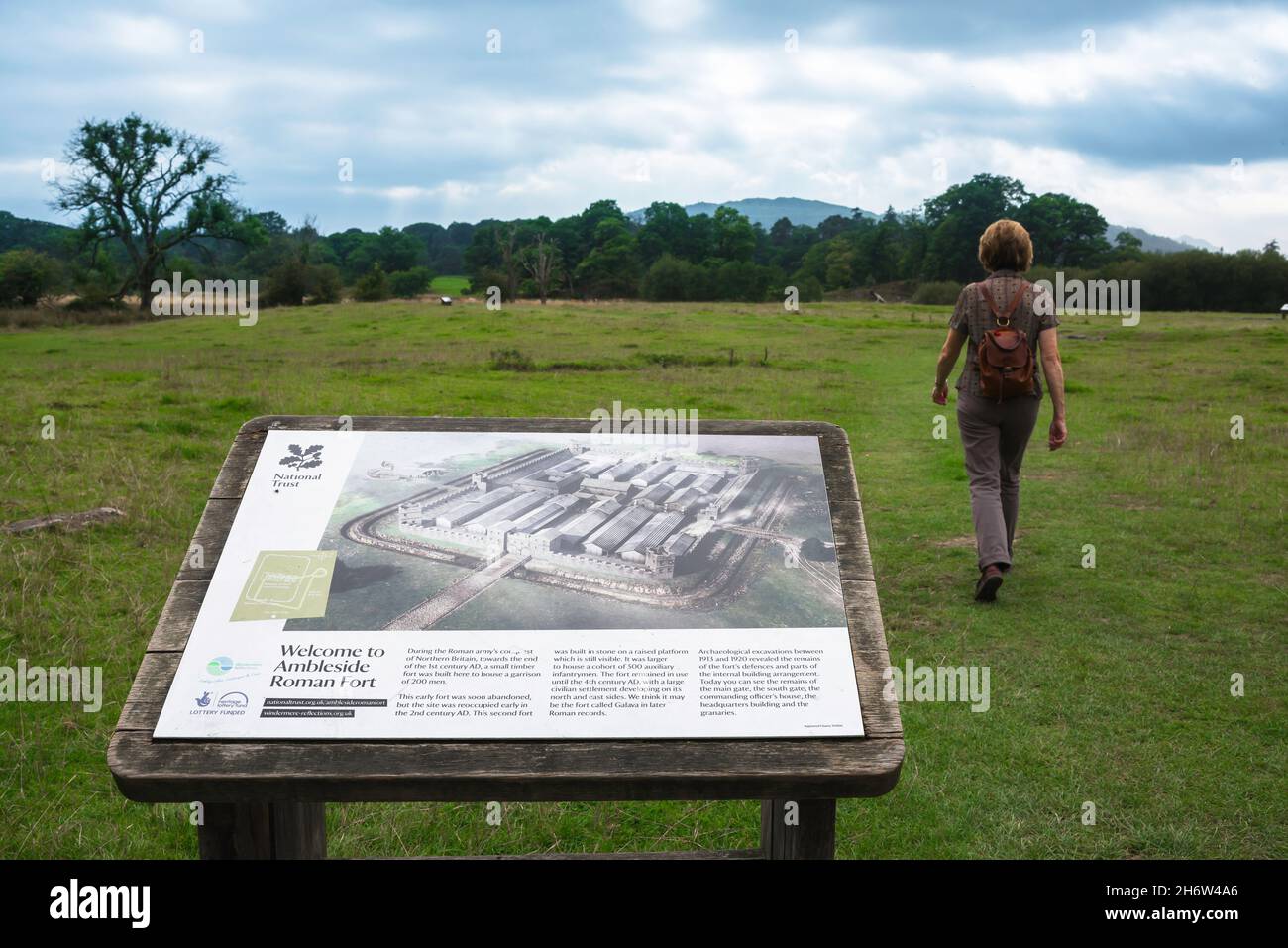 Site archéologique Royaume-Uni, vue d'un panneau d'information sur le site excavé du fort romain de Galava près d'Ambleside dans le Lake District, Cumbria, Angleterre, Royaume-Uni Banque D'Images