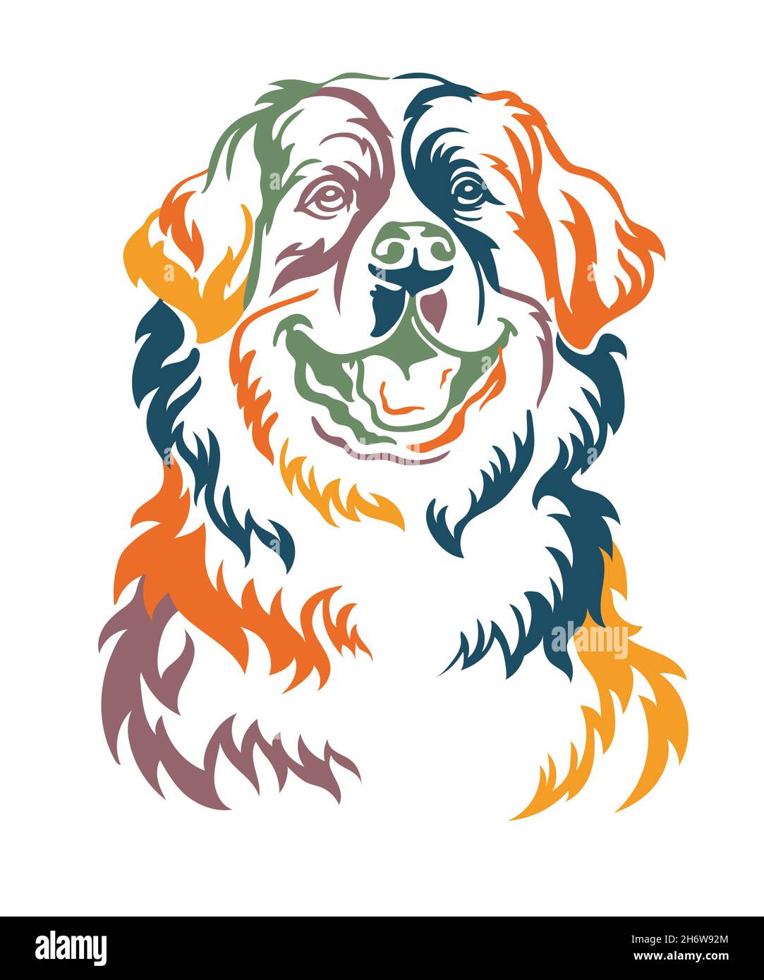 Portrait de contour de couleur de chien de montagne bernois.Tête de chien dans la vue de face illustration vectorielle isolée sur blanc.Pour la décoration, le design, l'impression, l'affiche, la carte postale, Illustration de Vecteur