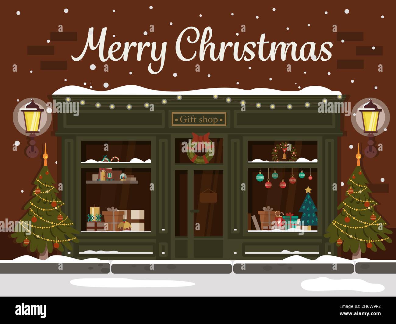 Boutique de cadeaux de Noël.Façade de bâtiment décorée.Illustration vectorielle dans un style plat. Illustration de Vecteur