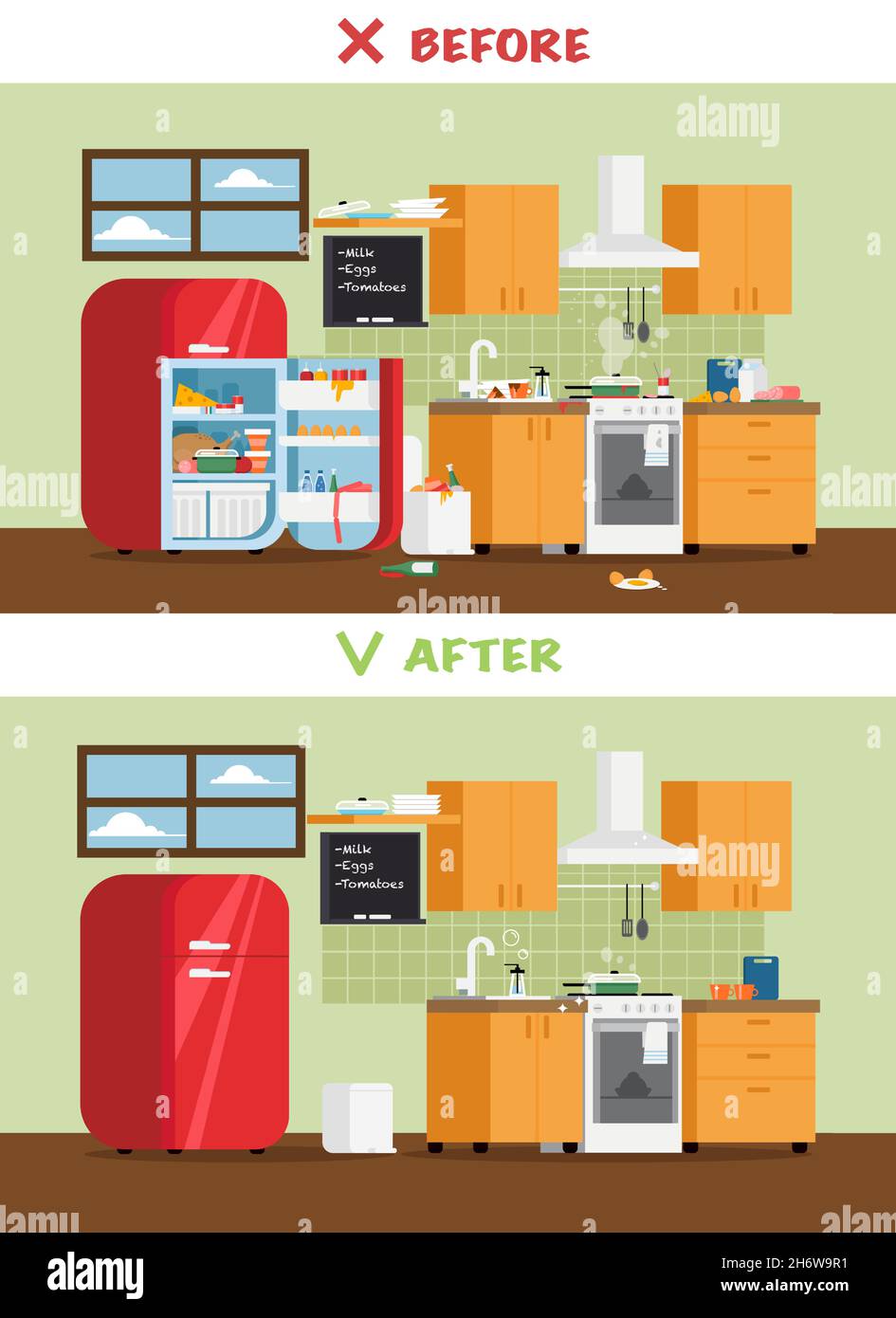 Cuisine propre et sale avec réfrigérateur, cuisinière et évier dans un style confortable.Un concept pour les entreprises de nettoyage.Avant et après le nettoyage.Vecteur plat Illustration de Vecteur Cuisine propre et sale avec réfrigérateur, cuisinière et évier dans un style confortable.Un concept pour les entreprises de nettoyage.Avant et après le nettoyage.Vecteur plat Illustration de Vecteur