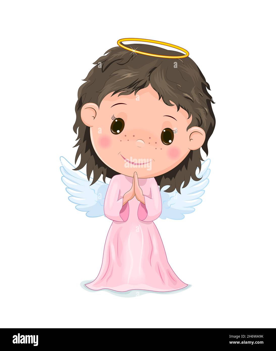 Dessin animé ange enfant dans une robe rose sur un fond blanc. Illustration de Vecteur