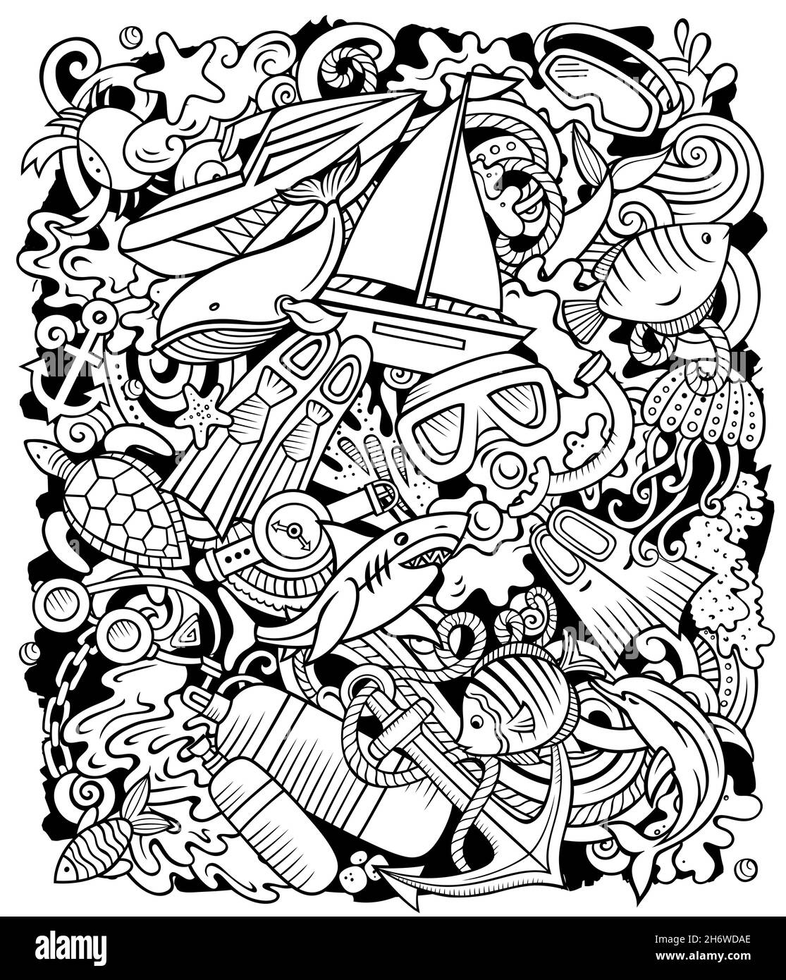 Illustration de dessins animés de plongée.Conception de plongée.Sports nautiques éléments et objets arrière-plan.Image amusante et simple.Tous les éléments sont séparés Illustration de Vecteur