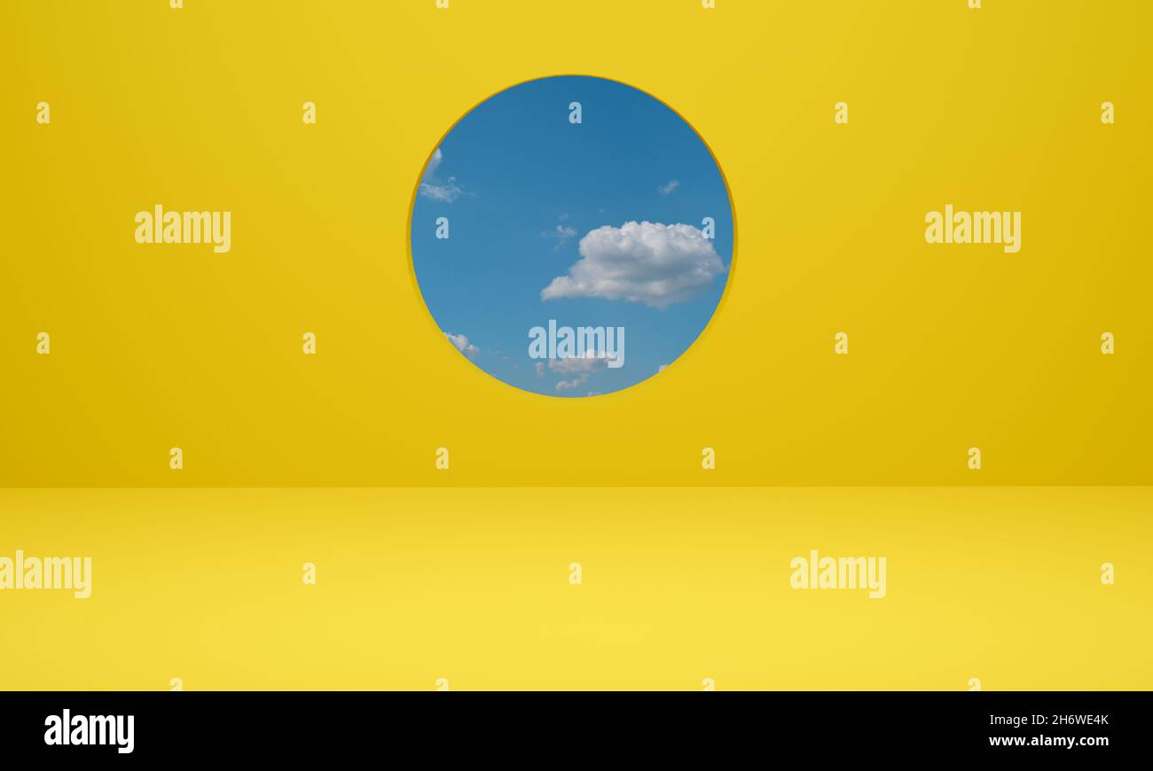 rendu 3d.Scène de fond jaune abstrait géométrique minimal avec ciel bleu nuage. Banque D'Images