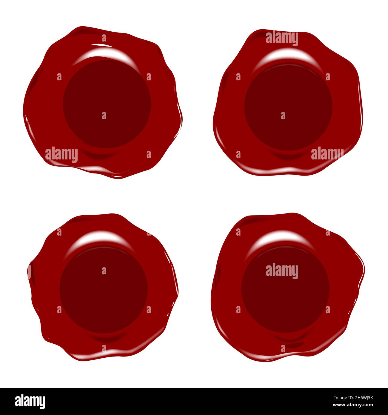 Un ensemble de timbres ou de sceaux de cire vierges avec une position pour le texte personnel au milieu tous ensemble sur un fond blanc. Banque D'Images