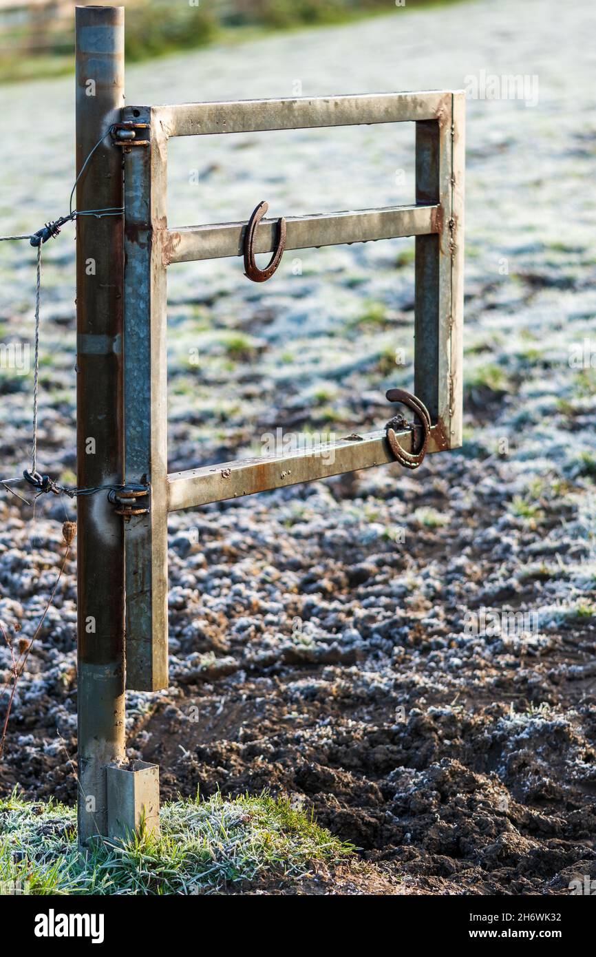 Fers à cheval suspendus sur une porte ouverte de pâturage lors d'un matin ensoleillé d'hiver.Symbole de bonne chance, charme chanceux dans les sports équestres et l'élevage de chevaux. Banque D'Images