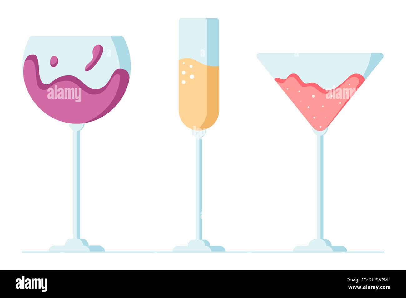 Il propose des cocktails en verre, du vin, du champagne et de la bouche à oreille, des fêtes, des en-cas et des cocktails alcoolisés.Illustration vectorielle de dessin animé de style plat. Illustration de Vecteur