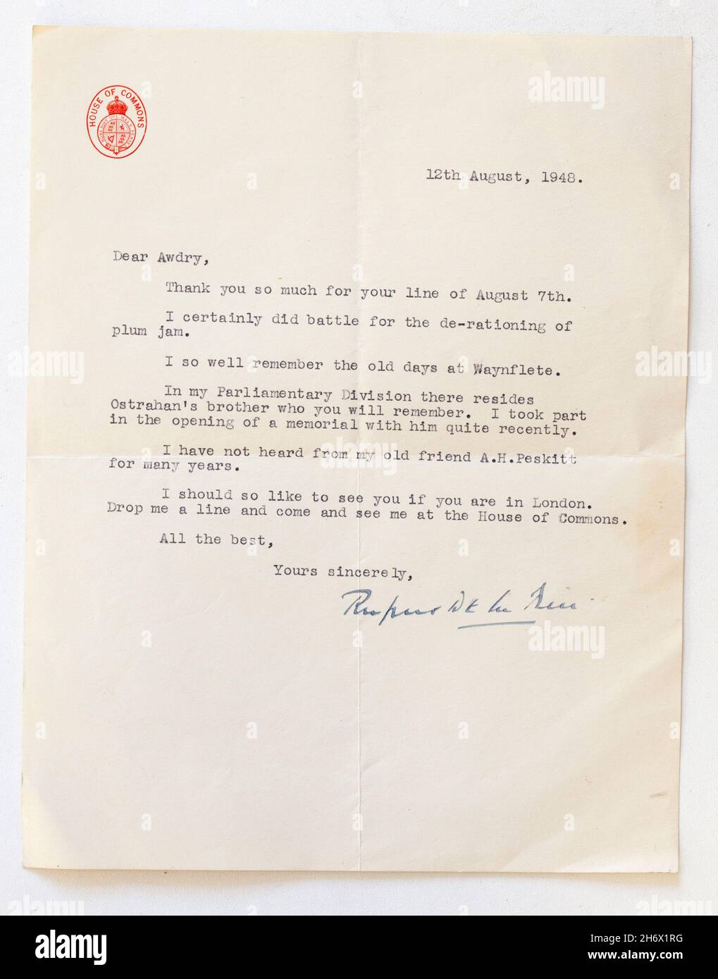 1948 lettre de la Chambre des communes Banque D'Images