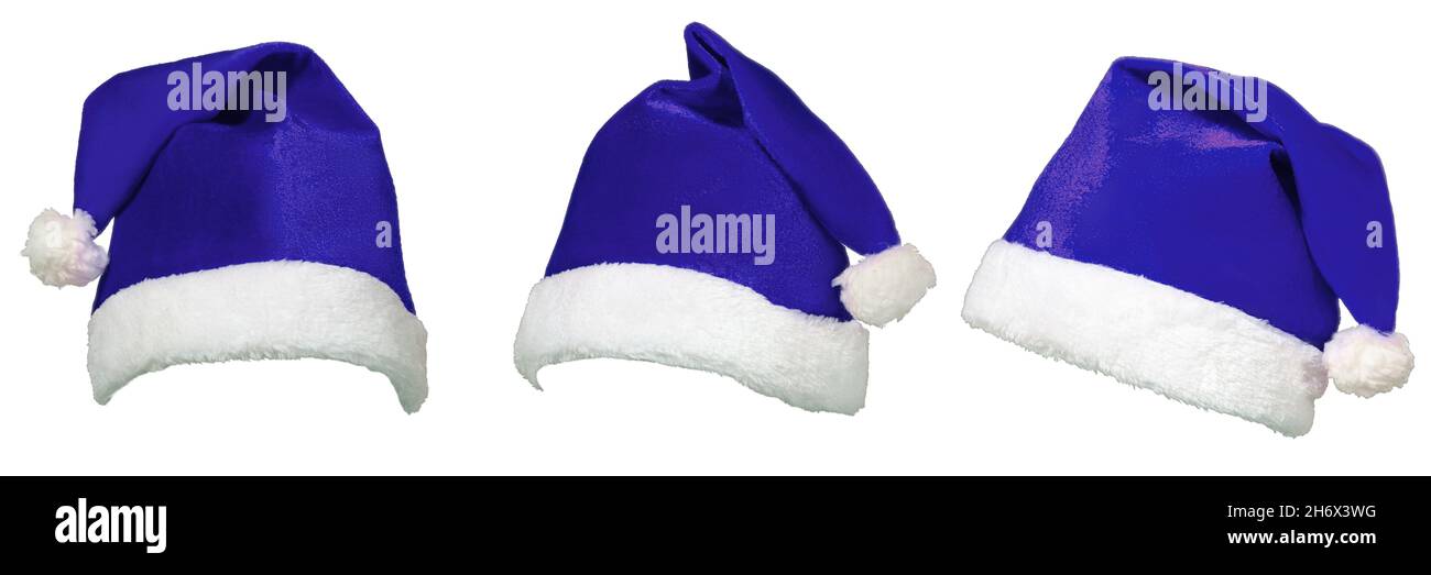 Ensemble de chapeau de Noël bleu à motif Père Noël isolé sur fond blanc.Ensemble 2 sur 2. Banque D'Images