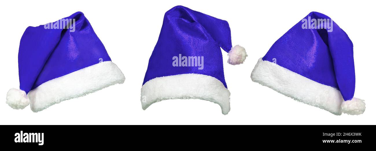 Ensemble de chapeau de Noël bleu à motif Père Noël isolé sur fond blanc.Ensemble 1 sur 2. Banque D'Images