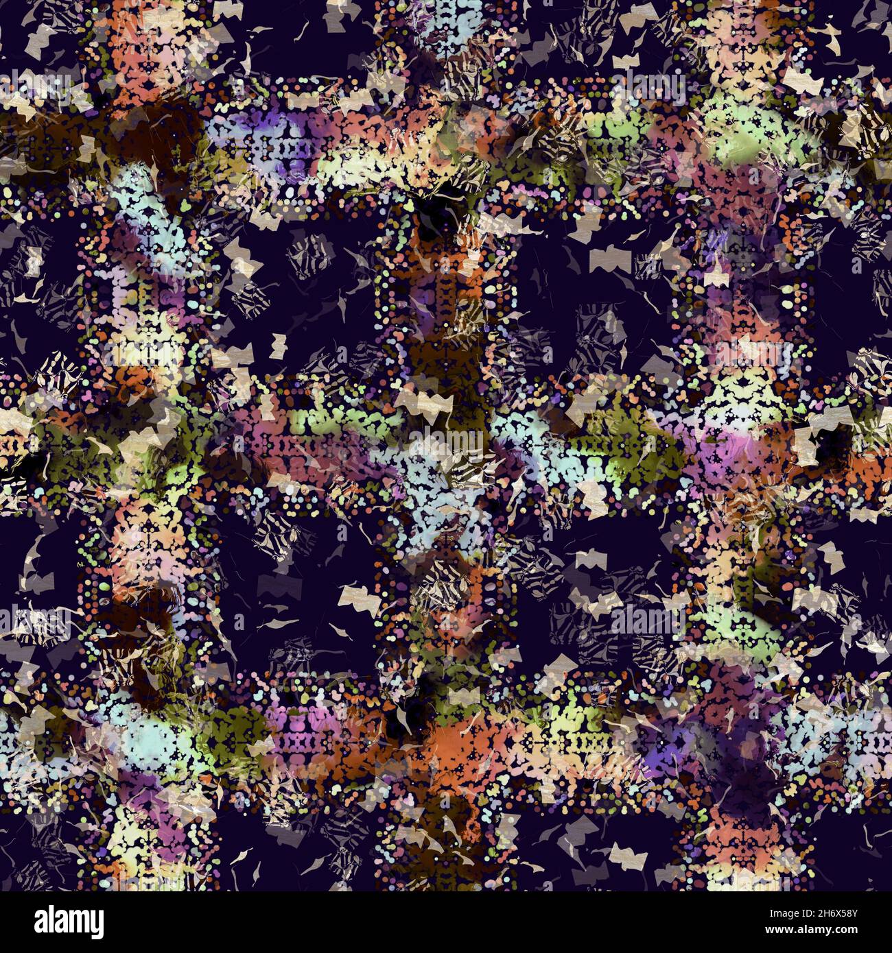 Imprimé camouflage géométrique exotique multicolore de boho.Motif de répétition détaillé pour le sol sombre automnal sans couture. Banque D'Images