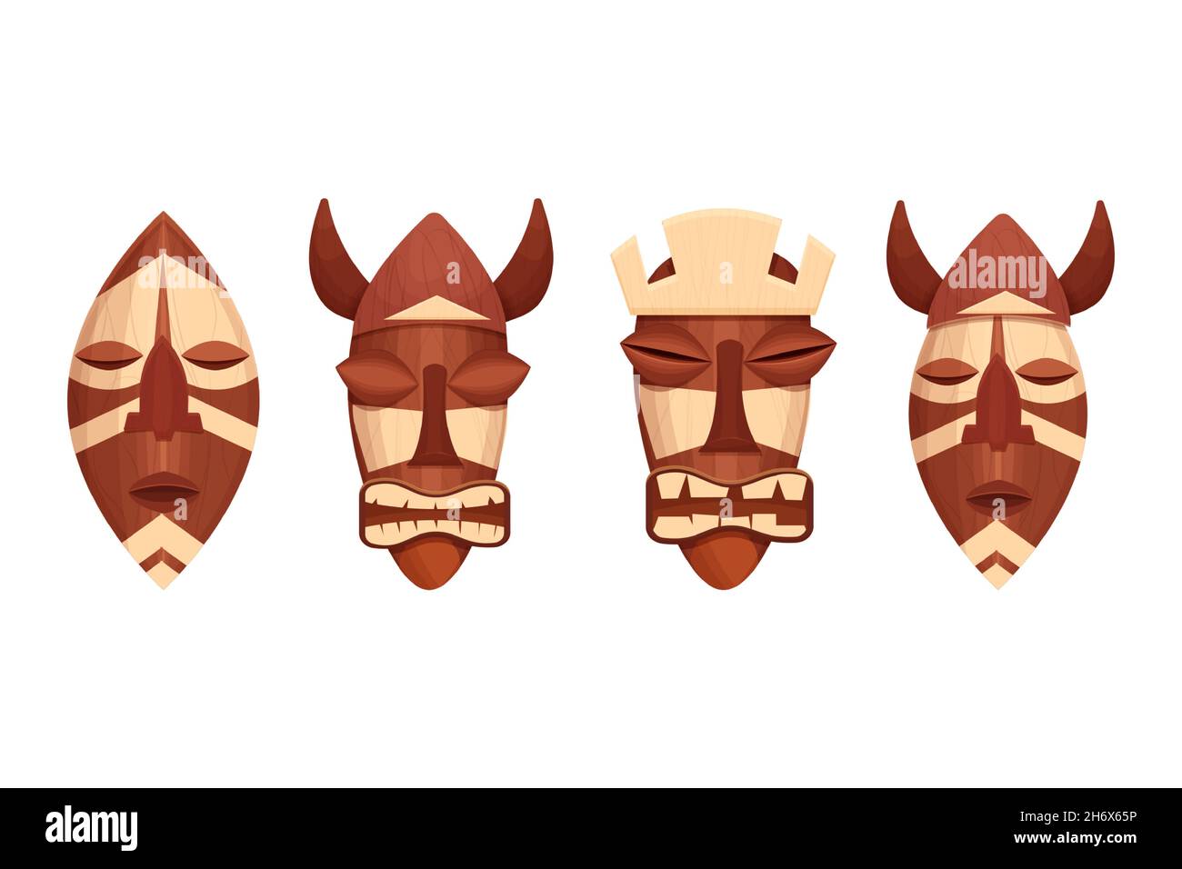 Ensemble africain tribal masque en bois, totem visage, avatar aborigine dans le style de dessin animé isolé sur fond blanc.Objets détaillés.Illustration vectorielle Illustration de Vecteur