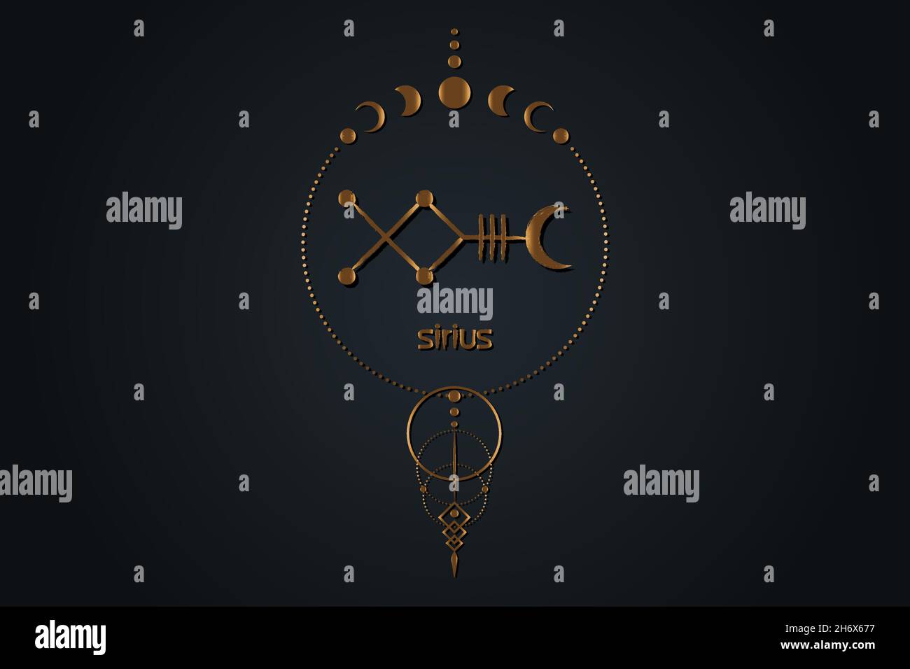 Symbole mystique de l'étoile de Sirius Astrologie Alphabet signe d'or, Canis symboles kabbalistiques hiéroglyphiques majeurs, icône de tatouage doré vecteur d'illustration isolat Illustration de Vecteur