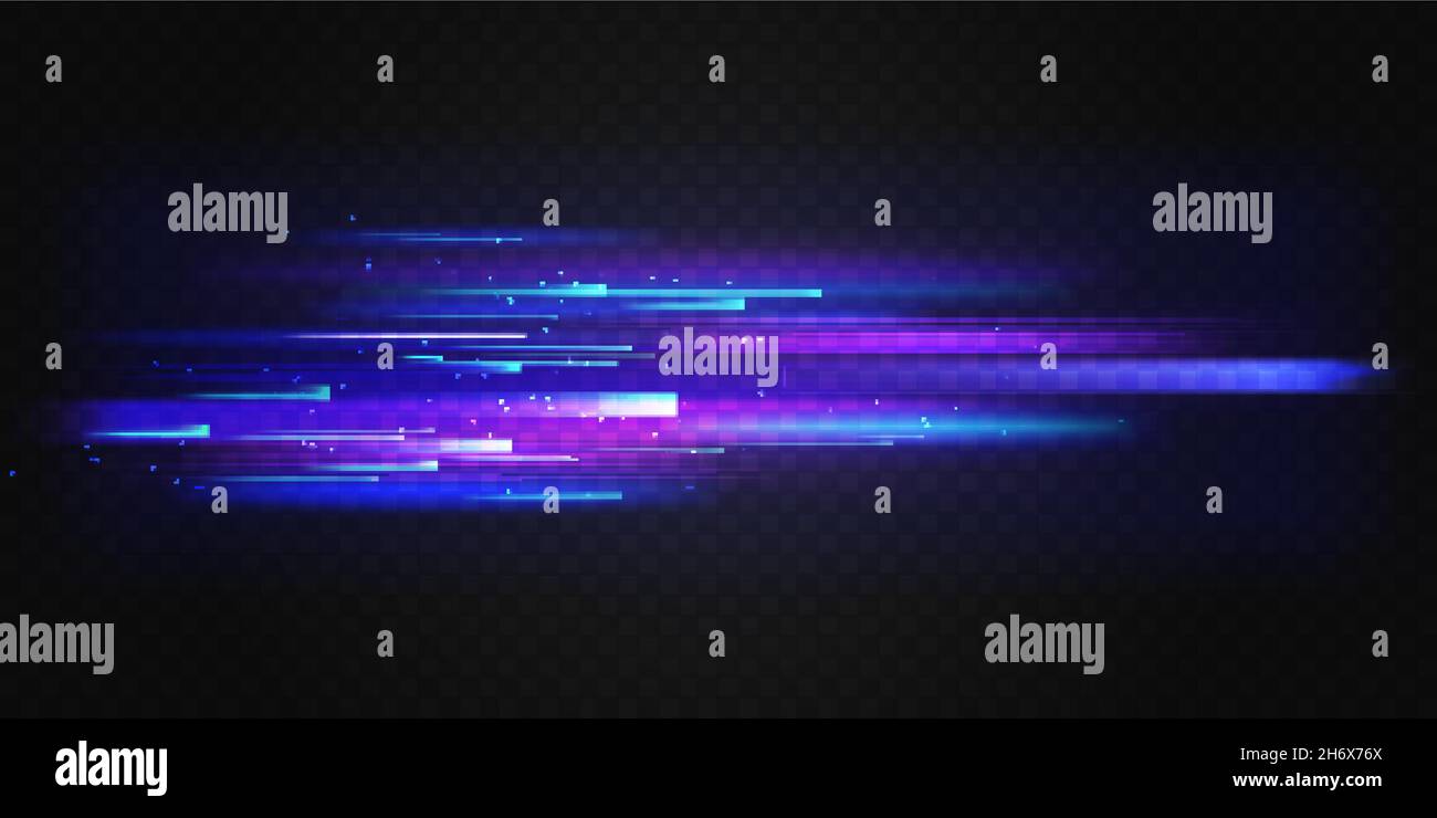 Illustration vectorielle d'effet de fusion abstrait, mouvement rapide, lignes de vitesse, lumière bleue fluo.Texture horizontale futuriste de transport rapide, bandes d'action graphiques sur fond sombre Illustration de Vecteur