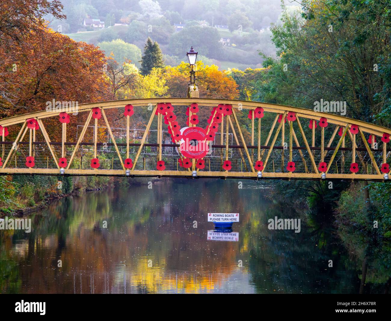 Les coquelicots du souvenir sur la rivière Jubilee Bridge Derwent dans le quartier de Matlock Bath Derbyshire Peak District Angleterre construit en 1887 pour le jubilé d'or de la reine Victoria. Banque D'Images