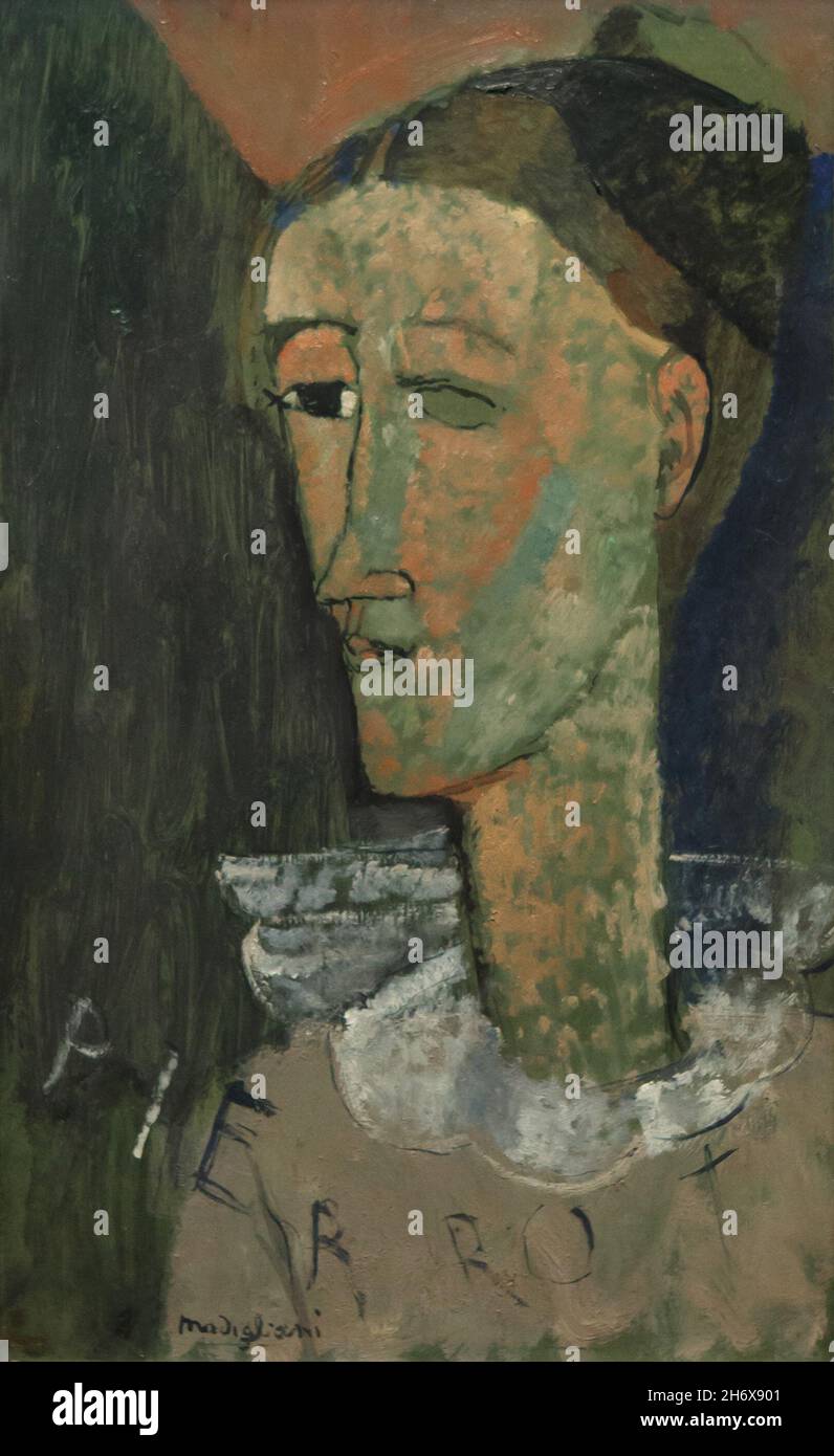 Peinture 'self-portrait as Pierrot' par le peintre moderniste italien Amedeo Modigliani (1915) exposé lors de son exposition rétrospective au Musée Albertina de Vienne, Autriche.L'exposition marquant le centenaire de la mort de l'artiste se déroule jusqu'au 9 janvier 2022. Banque D'Images