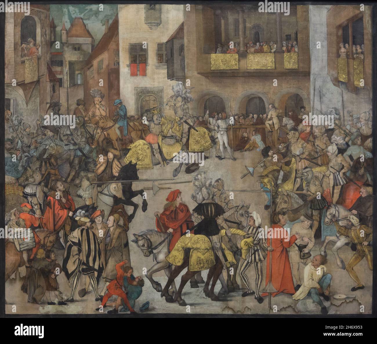 Peinture de la scène du Tournoi par le peintre allemand de la Renaissance Hans Leonhard Schäufelein (1509) exposé à l'exposition spéciale du Musée Belvédère à Vienne, Autriche.L'exposition intitulée "l'âge de Dürer" et consacrée à l'Autriche à la porte de la Renaissance s'étend jusqu'au 22 janvier 2022. Banque D'Images