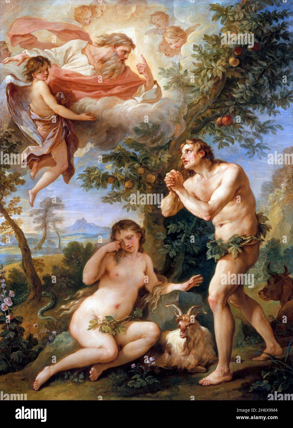 Le rébuque d'Adam et Eve par l'artiste français du rococo, Charles-Joseph Natoire (1700-1777), huile sur cuivre, 1740 Banque D'Images