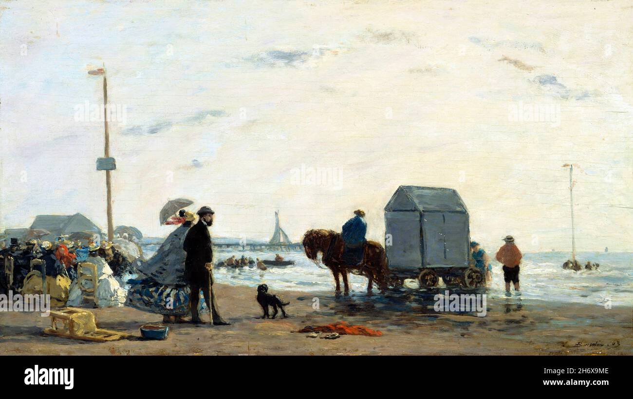Sur la plage de Trouville par Eugène Boudin (1824-1898), huile sur bois, 1863 Banque D'Images