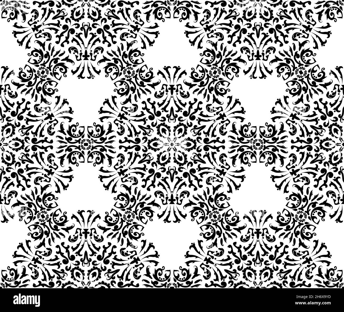 Décoration noire orientale vectorielle élégante sur fond blanc.Damassé victorien d'époque.Motif abstrait sans couture.Pour les carreaux de papier peint textiles ou Illustration de Vecteur