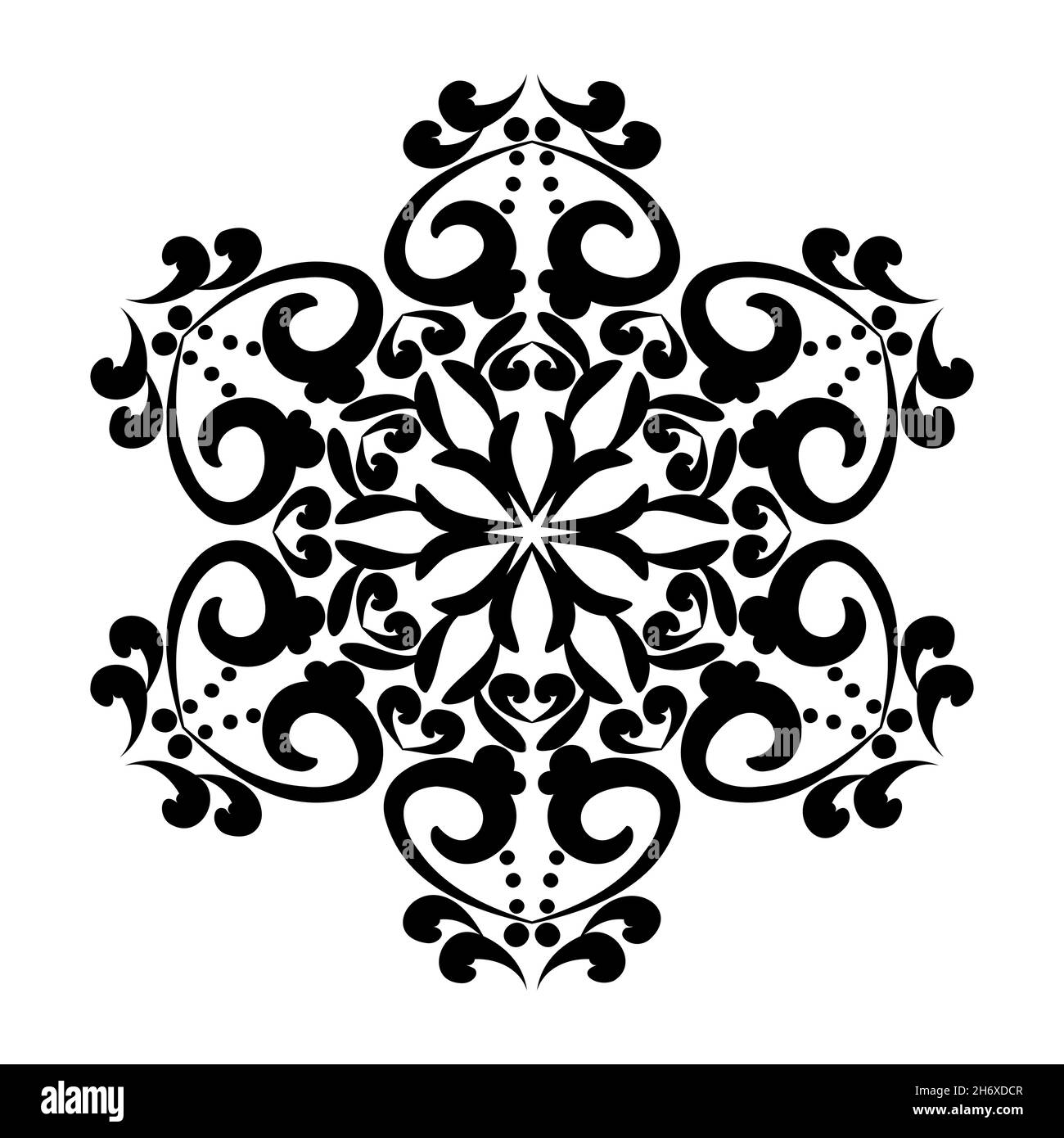 Motif floral mandala en damassé noir sur fond blanc.Pour la découpe et les tirages au laser stencil Tattoo Marquetry. Illustration de Vecteur