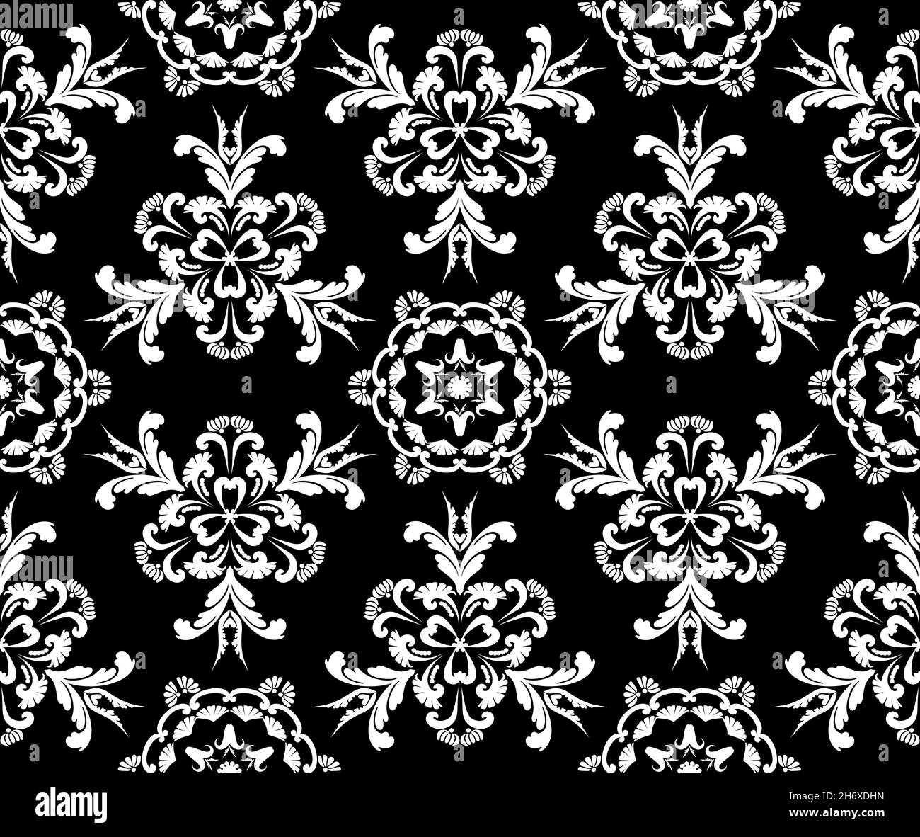 Modèle vectoriel avec fleurs rococo blanches sur fond noir.Damassé victorien d'époque.Motif abstrait sans couture.Pour les carreaux de papier peint textiles ou Illustration de Vecteur