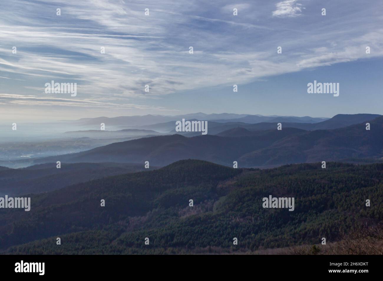 vue panoramique sur les Vosges en France.La brume remplit les vallées.Les collines sont couvertes d'arbres. Banque D'Images