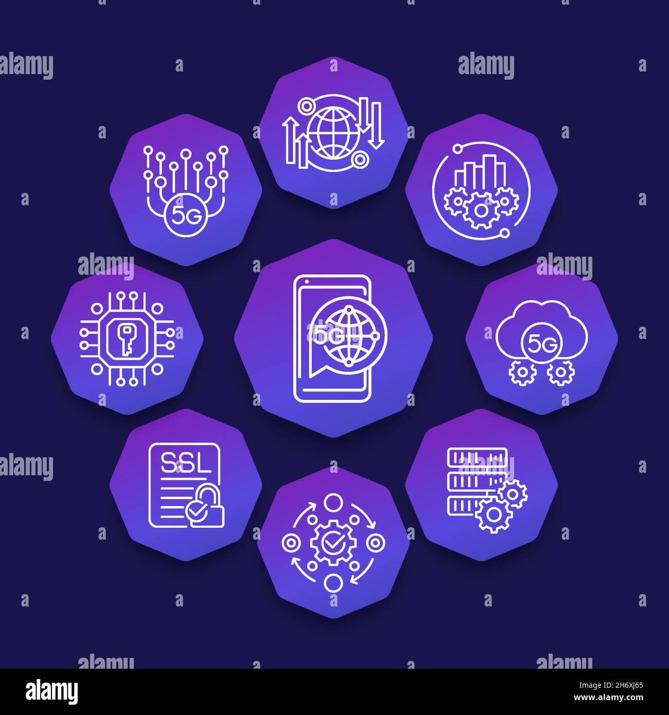 Icônes de ligne de technologie réseau 5G, bannière vectorielle Illustration de Vecteur