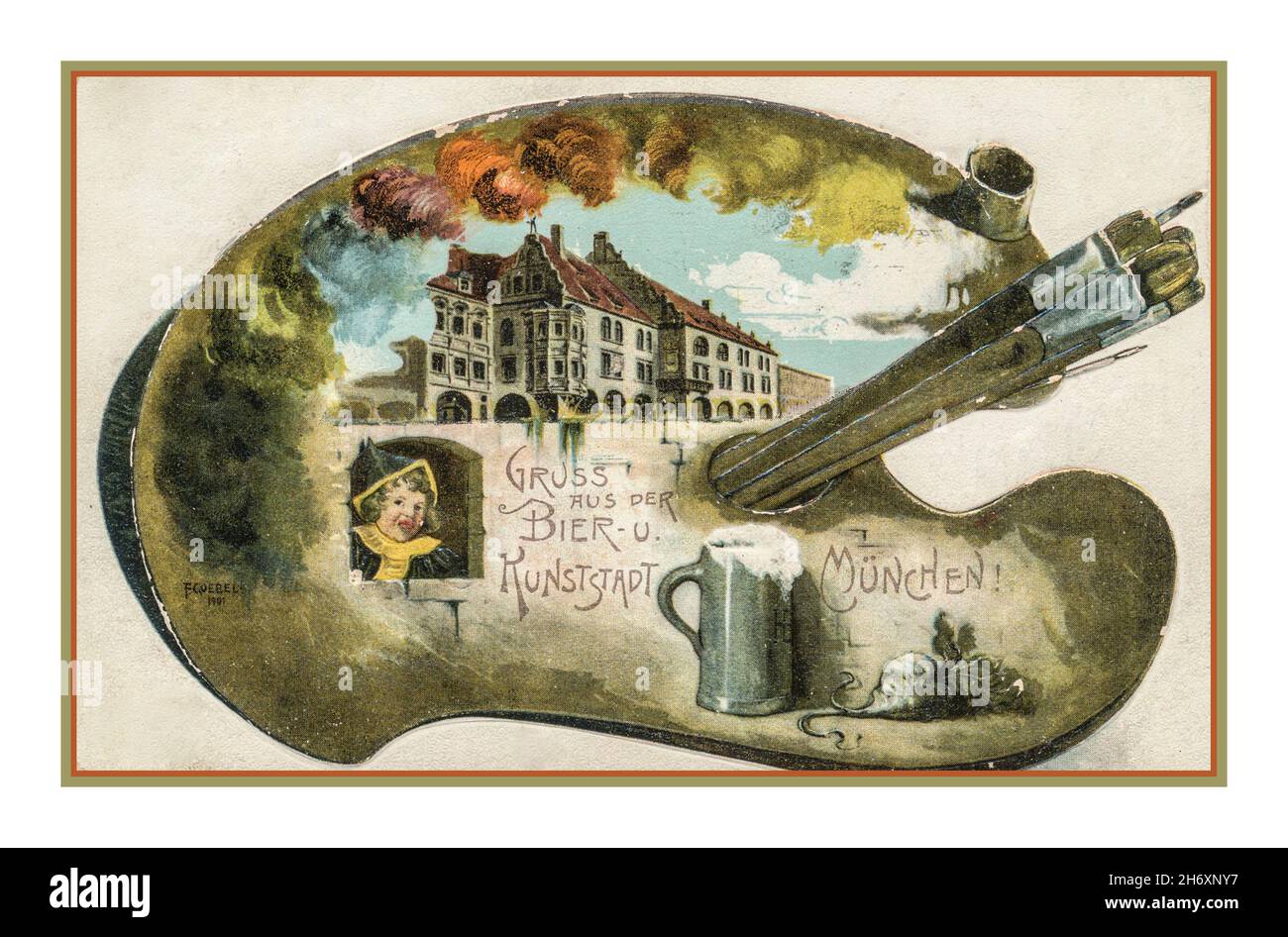 'Hofbräuhaus München 1901 MUNICH BIÈRE MAISON allemande de voyage rétro carte postale avec la palette d'artistes thème 'Gruss aus der bier u Kunststadt Munchen' Salutations de la ville de la bière et de l'art de Munich (Allemagne) la célèbre bière de Munich 'Hofbräuhaus München' par l'artiste F. Goebel 1901 Munich Allemagne Banque D'Images