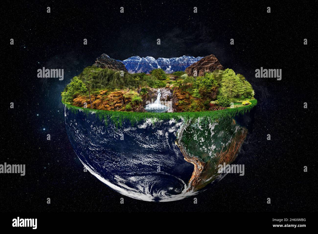 Planète Terre avec jardin d'Eden concept flottant dans l'espace.Éléments de cette image utilisés avec l'autorisation des images de la NASA. Banque D'Images