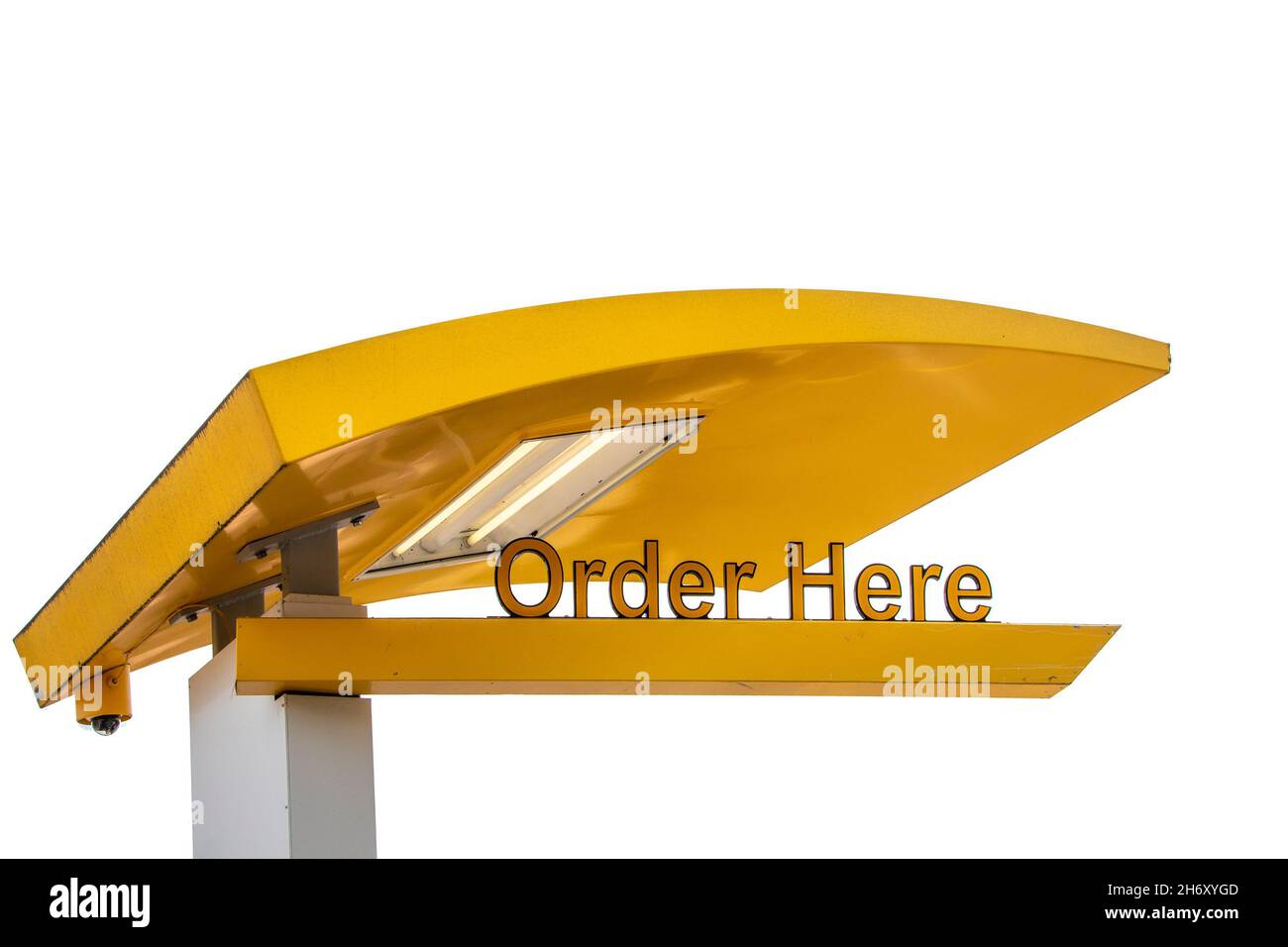 Le jaune traverse la lumière du restaurant et le panneau indiquant Order here - isolé sur blanc et de la place pour le copier. Banque D'Images